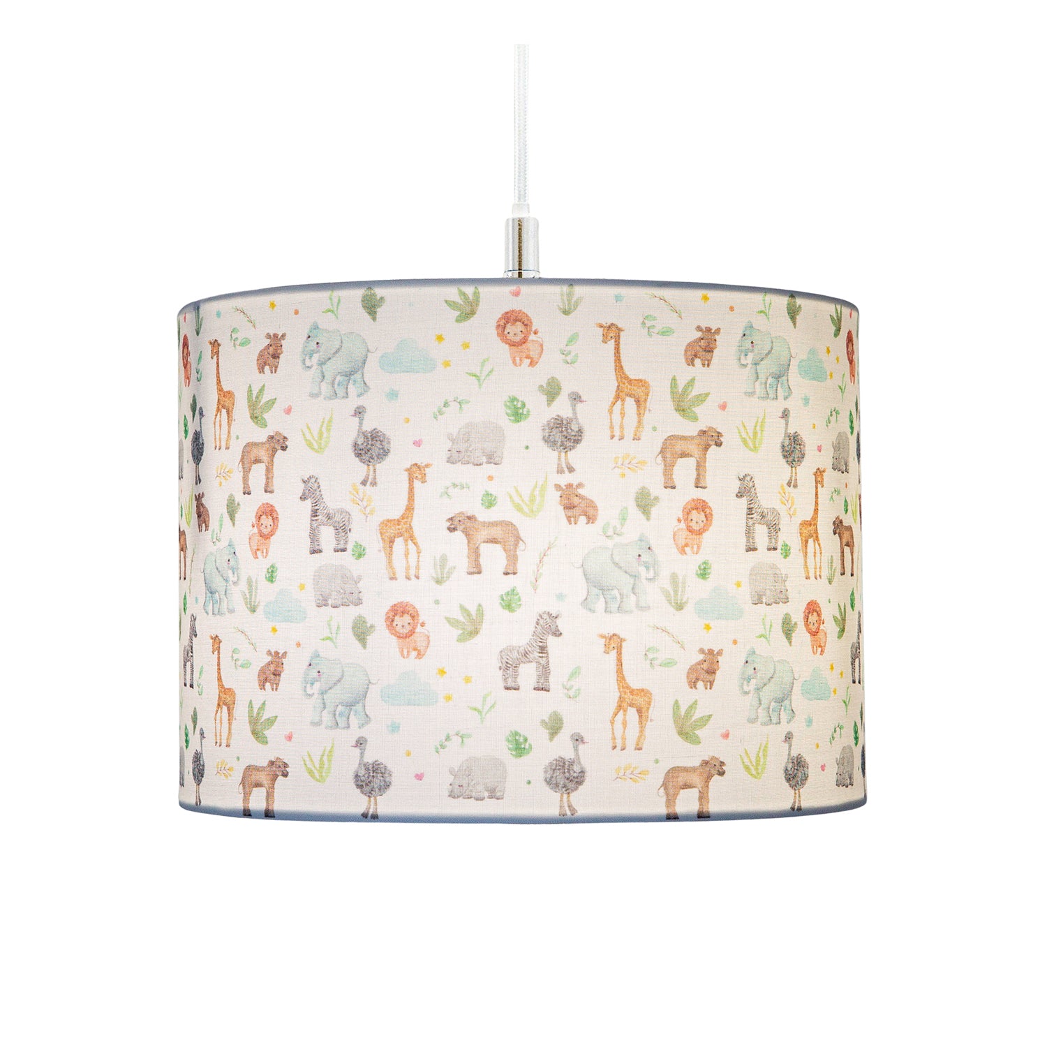 Safari Themed White Cotton Lamp Shade with Hand Drawn Pastel Coloured Animals Image 2