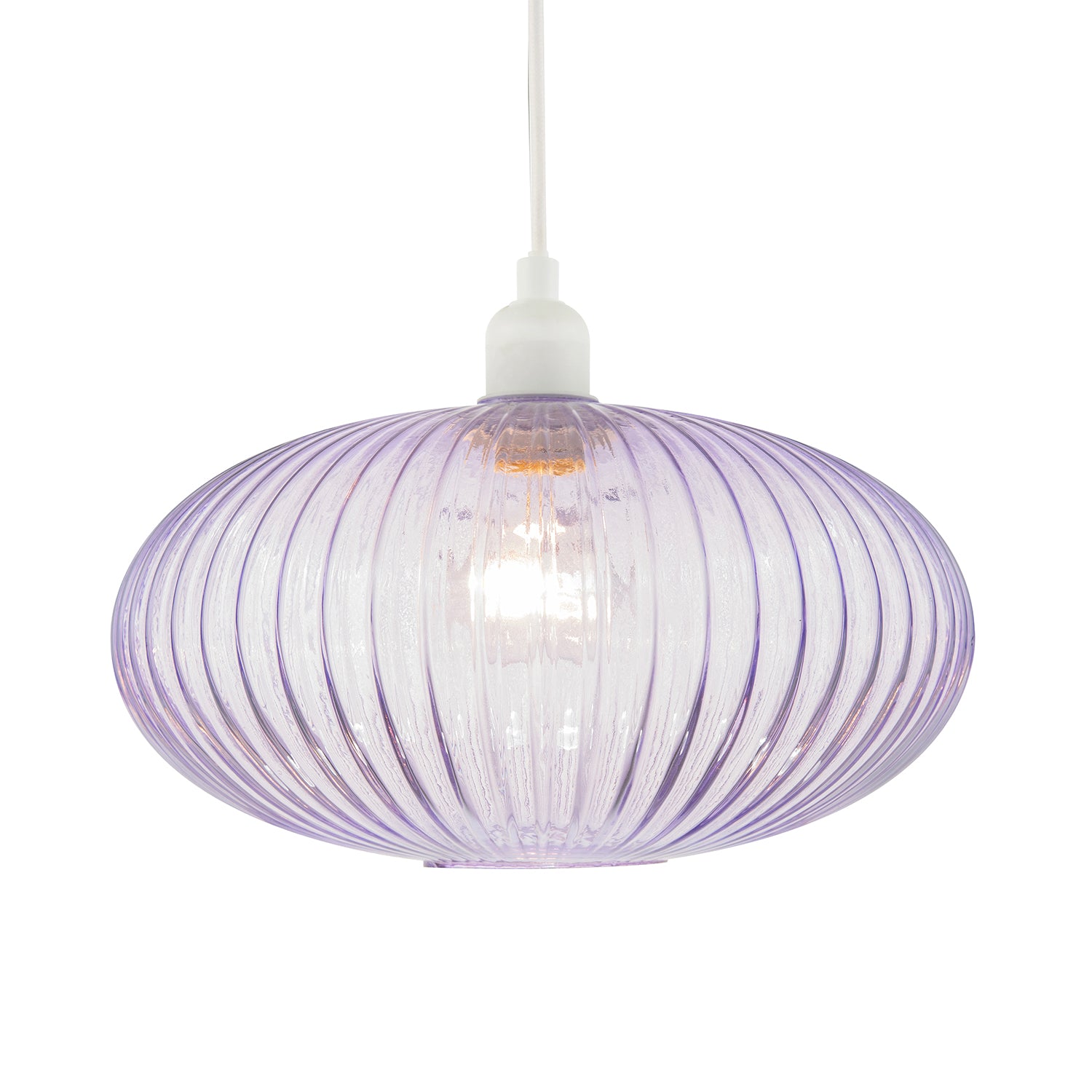 Modern Designer Soft Lilac Line Ribbed Glass Oval Pendant Lamp Shade Image 2
