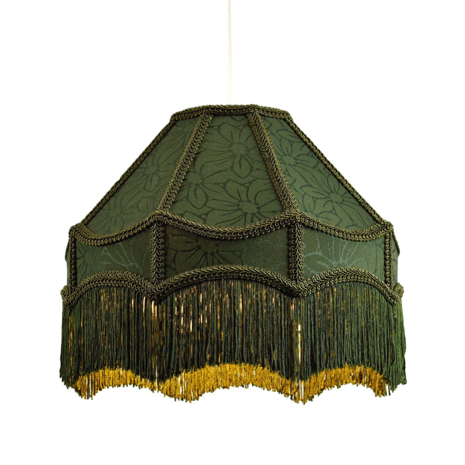 Classic Victorian Style Empire Pendant Shade in Forest Green Fabric with Tassels Image 1