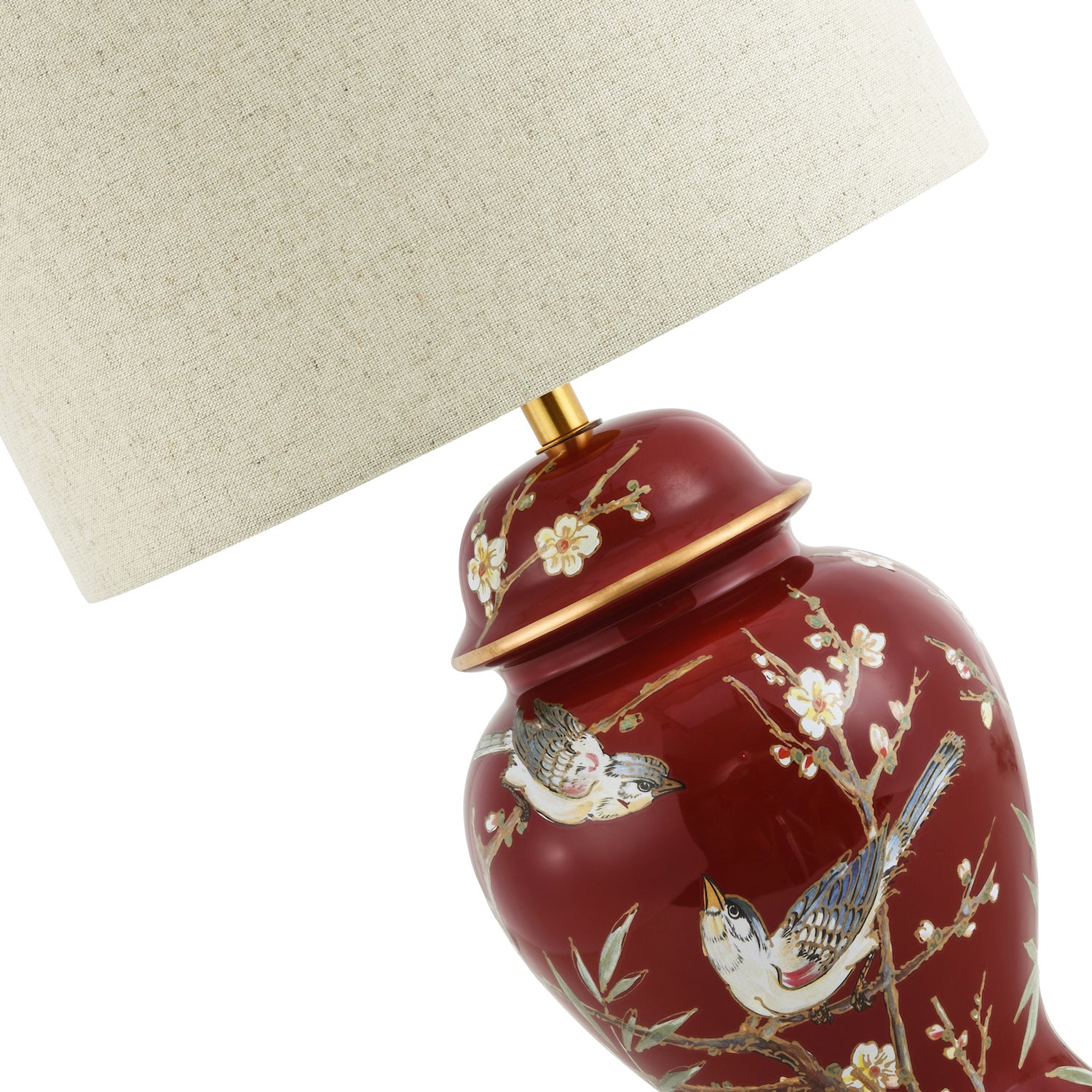 Classic Ceramic Lamp Base in Glossy Dark Burgundy with Birds and Floral Decor Image 5