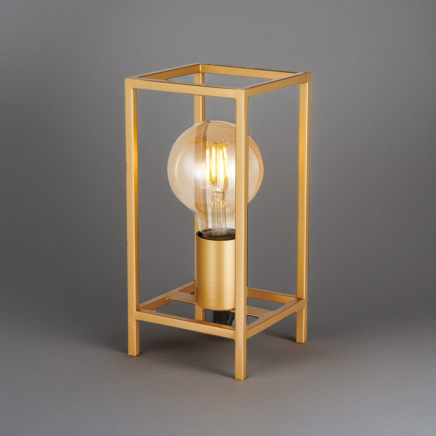 Vintage and Industrial Style Satin Gold Table Lamp with Rectangular Cage Design Image 8