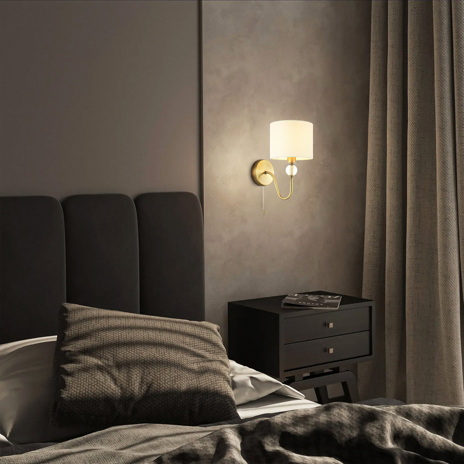 Traditional Bedside Wall Light in Antique Brass with Pull Switch and Shade Image 7