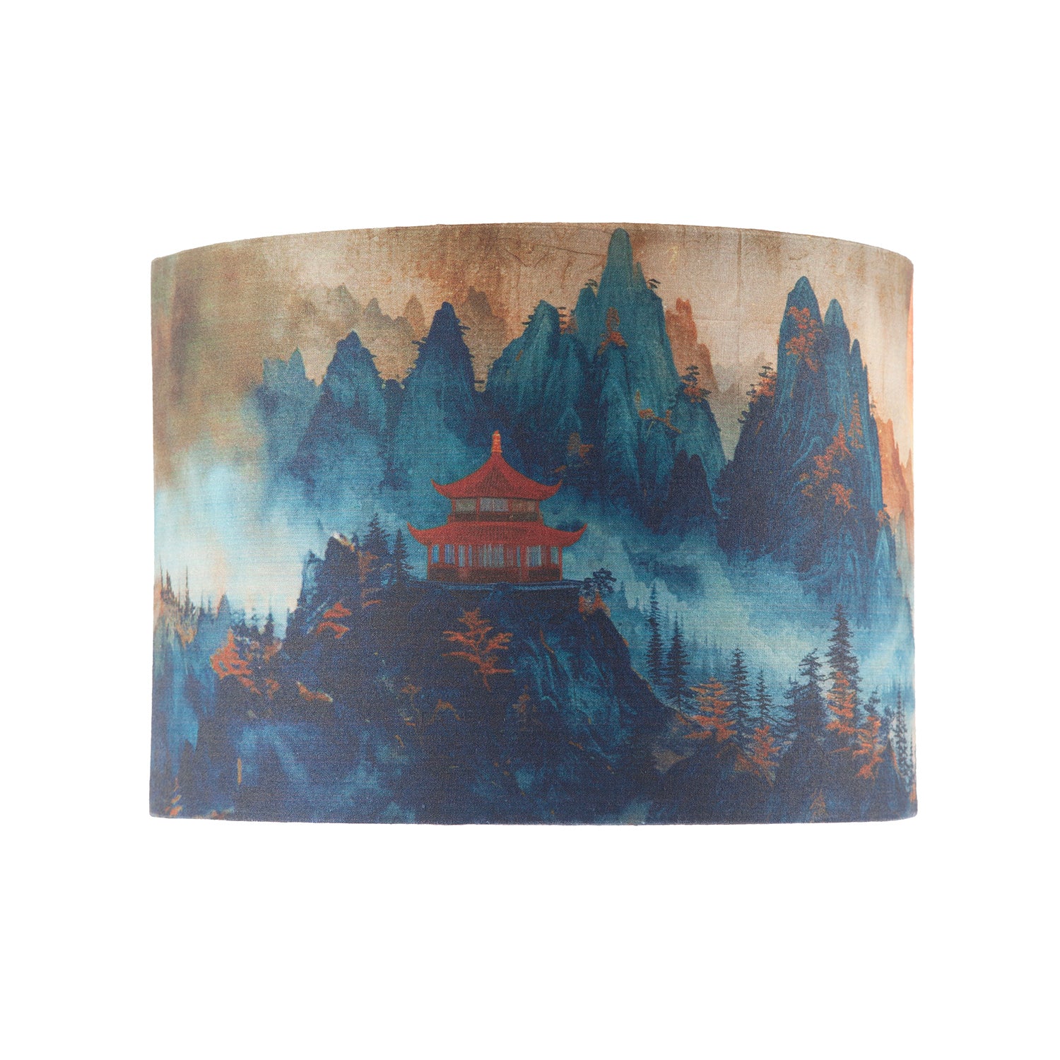 Japanese Themed Cotton Lamp Shade with Mountains Trees and Sunset Image 3