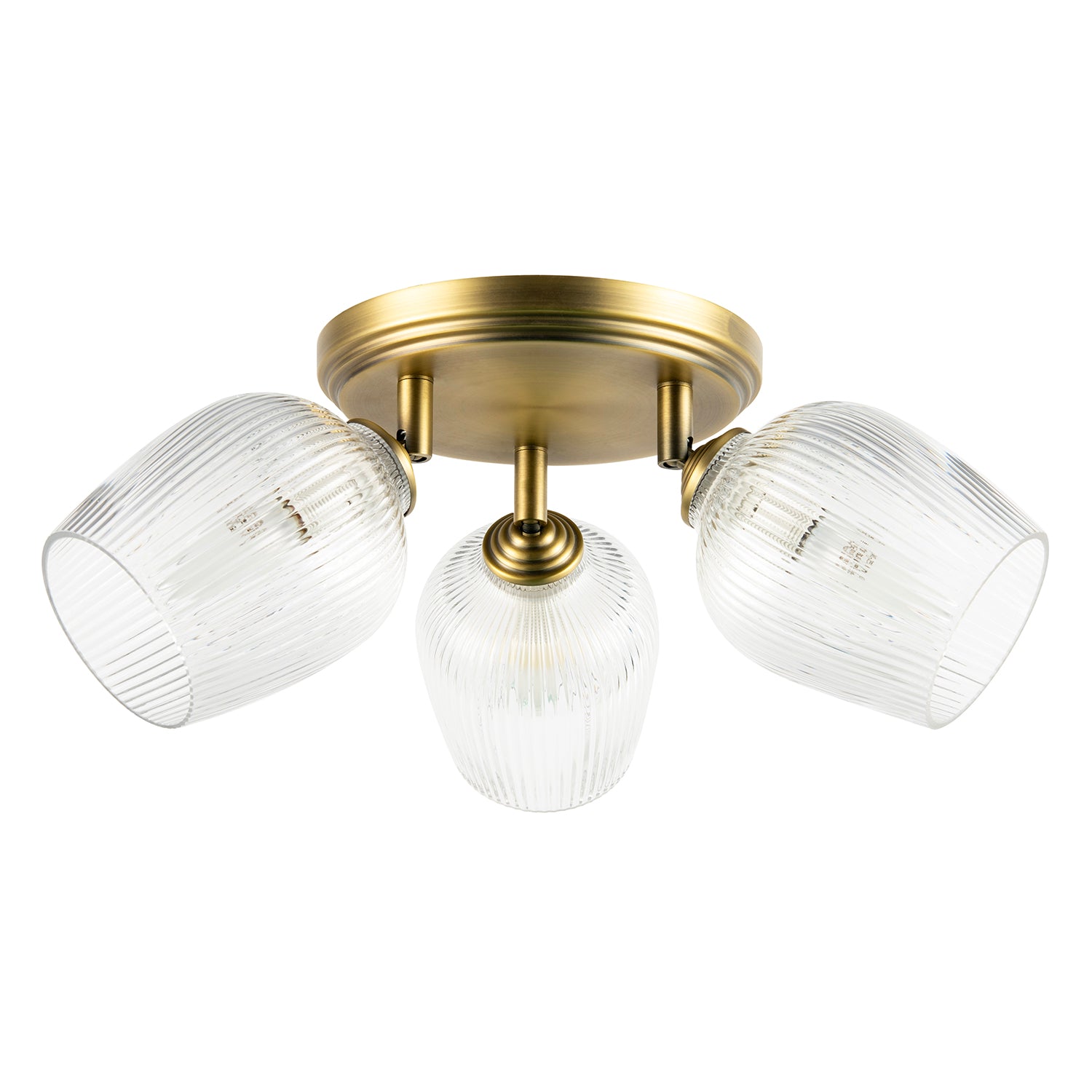 Antique Brass Triple Spot Ceiling Light with Clear Ribbed Glass Shades Image 1