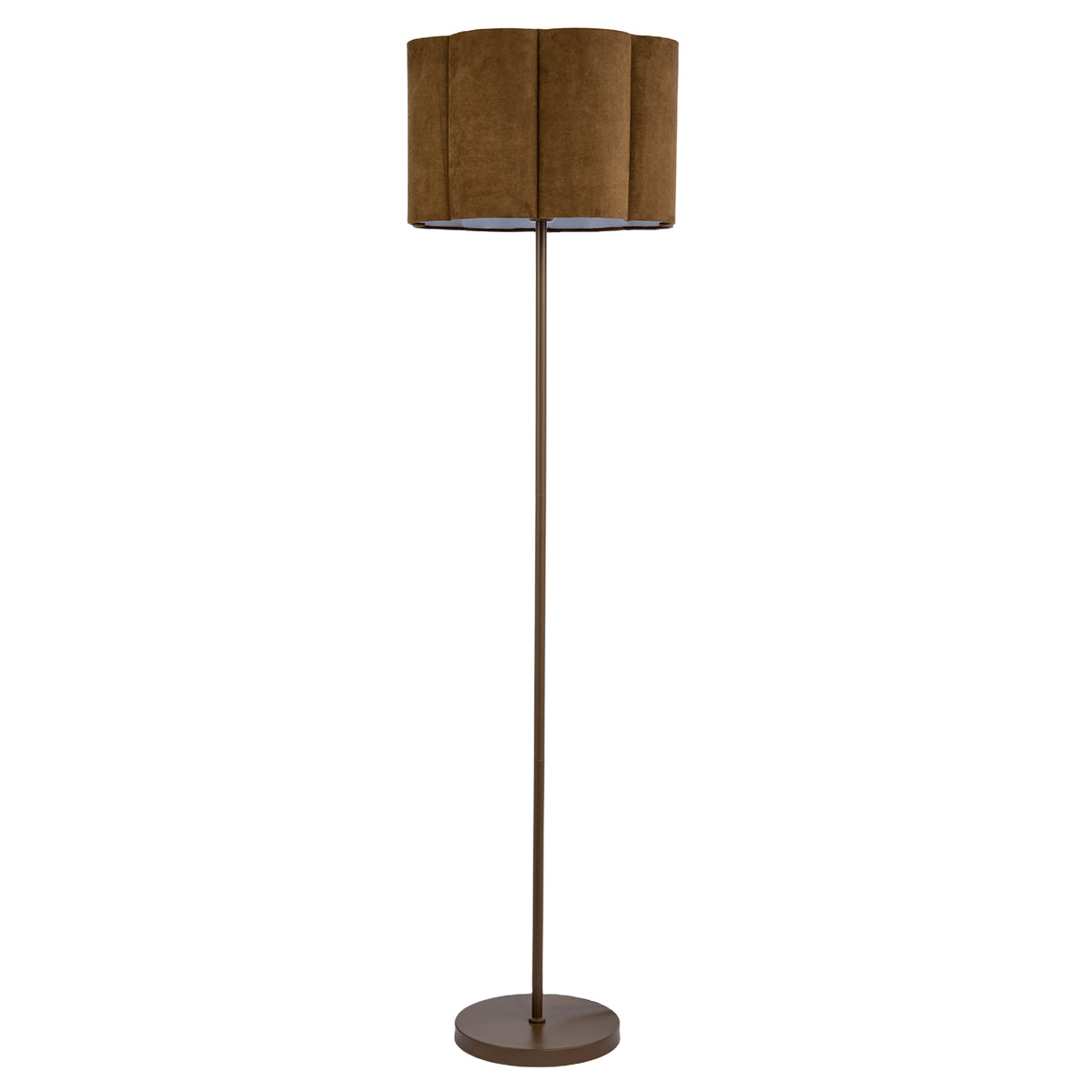 Elegant Brown Standing Floor Lamp with Scalloped Velvet Fabric Shade Image 1