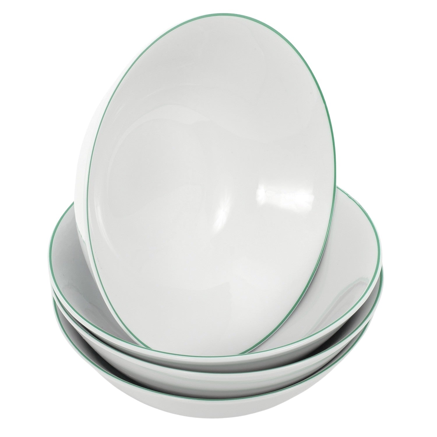 Set of 4 White Ceramic Dinner Bowls with Elegant Green Rim - Durable & Stylish Image 2