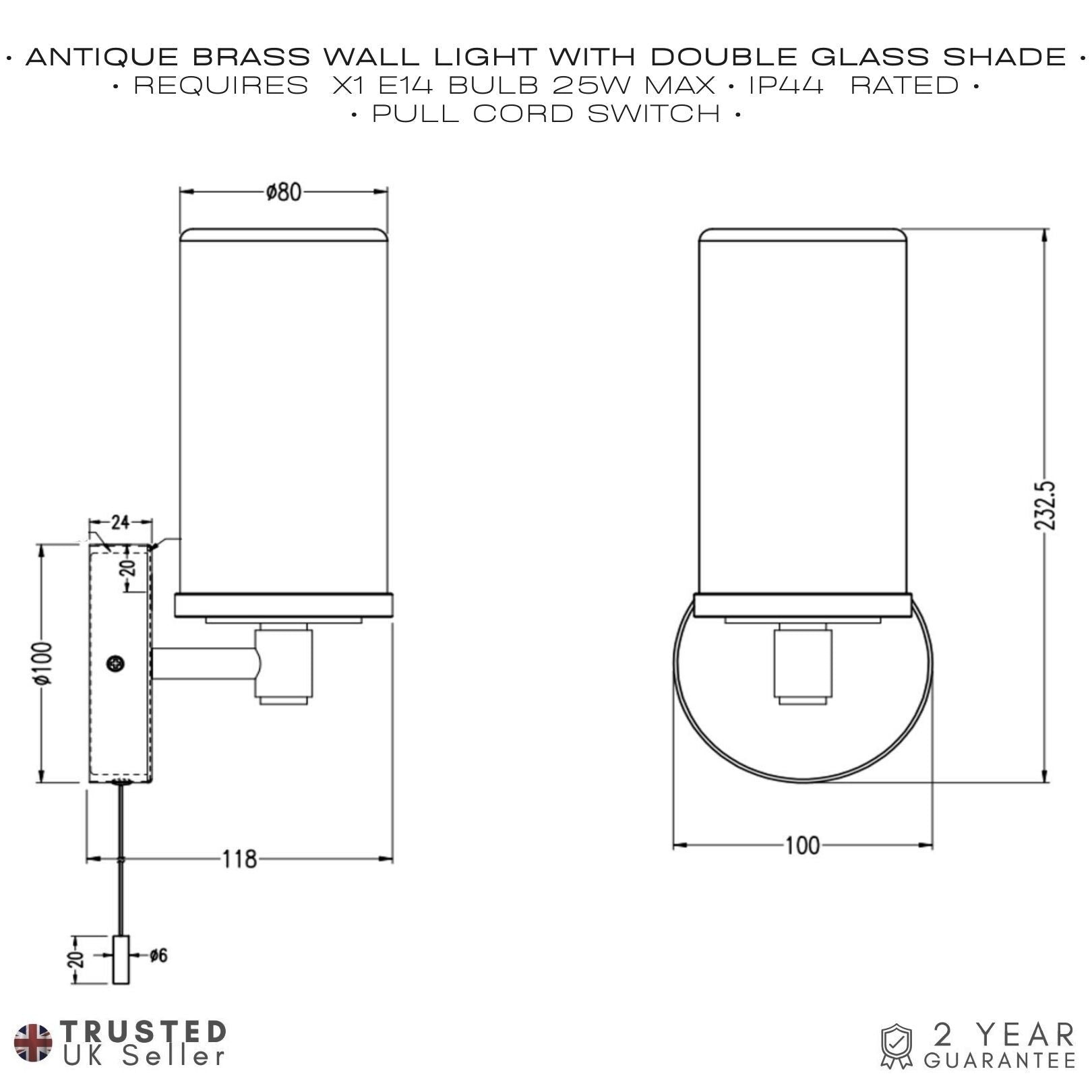 Contemporary Double Glass and Antique Brass Metal Bathroom Wall Lamp IP44 Rated Image 7