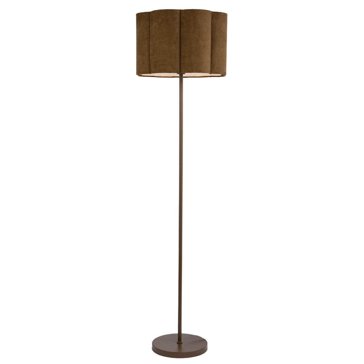 Elegant Brown Standing Floor Lamp with Scalloped Velvet Fabric Shade Image 2