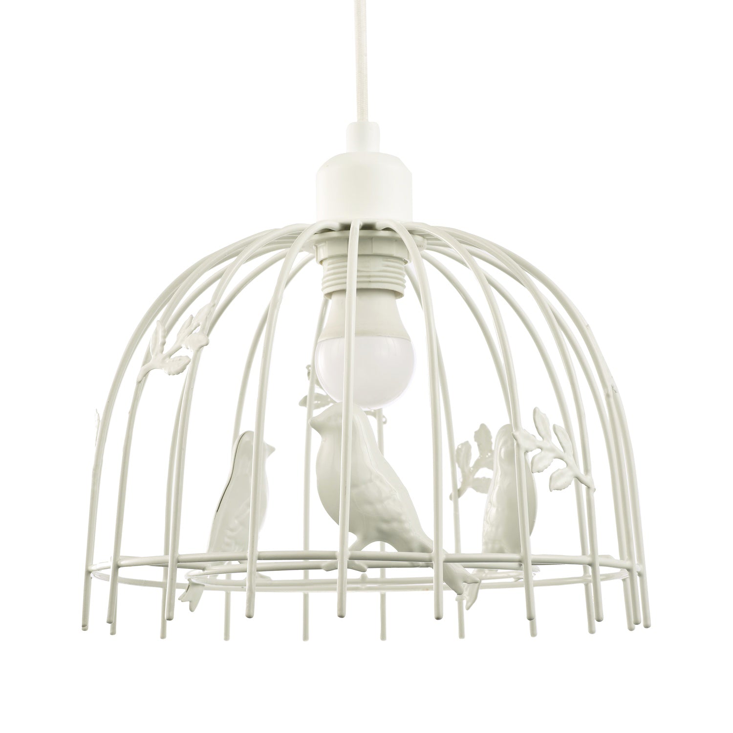 Birdcage Pendant Shade in White Gloss Metal with Birds and Leaves - Shabby Chic Image 1