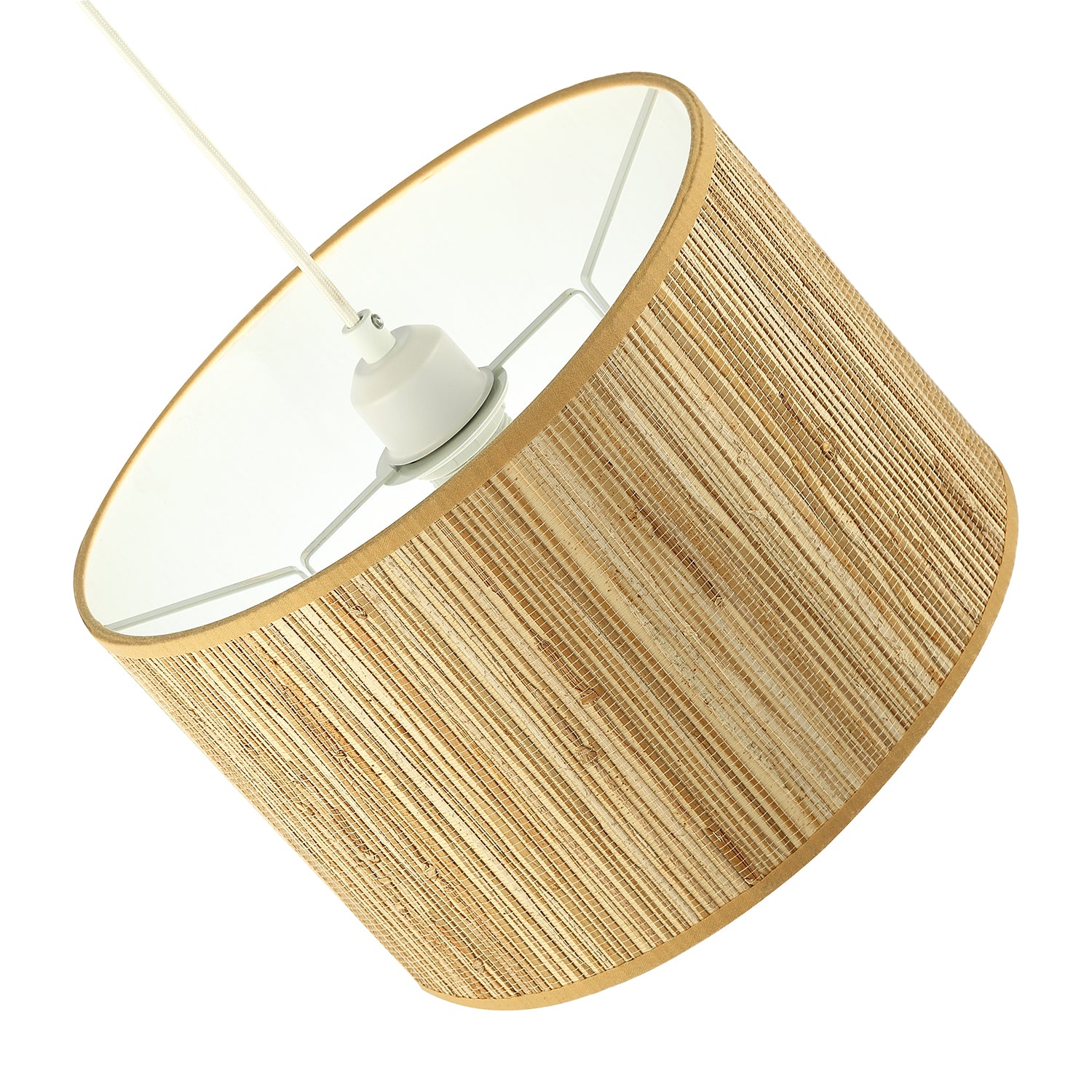 Faux Textured Rattan Round Lamp Shade with Taupe Cotton Fabric Trims Image 5