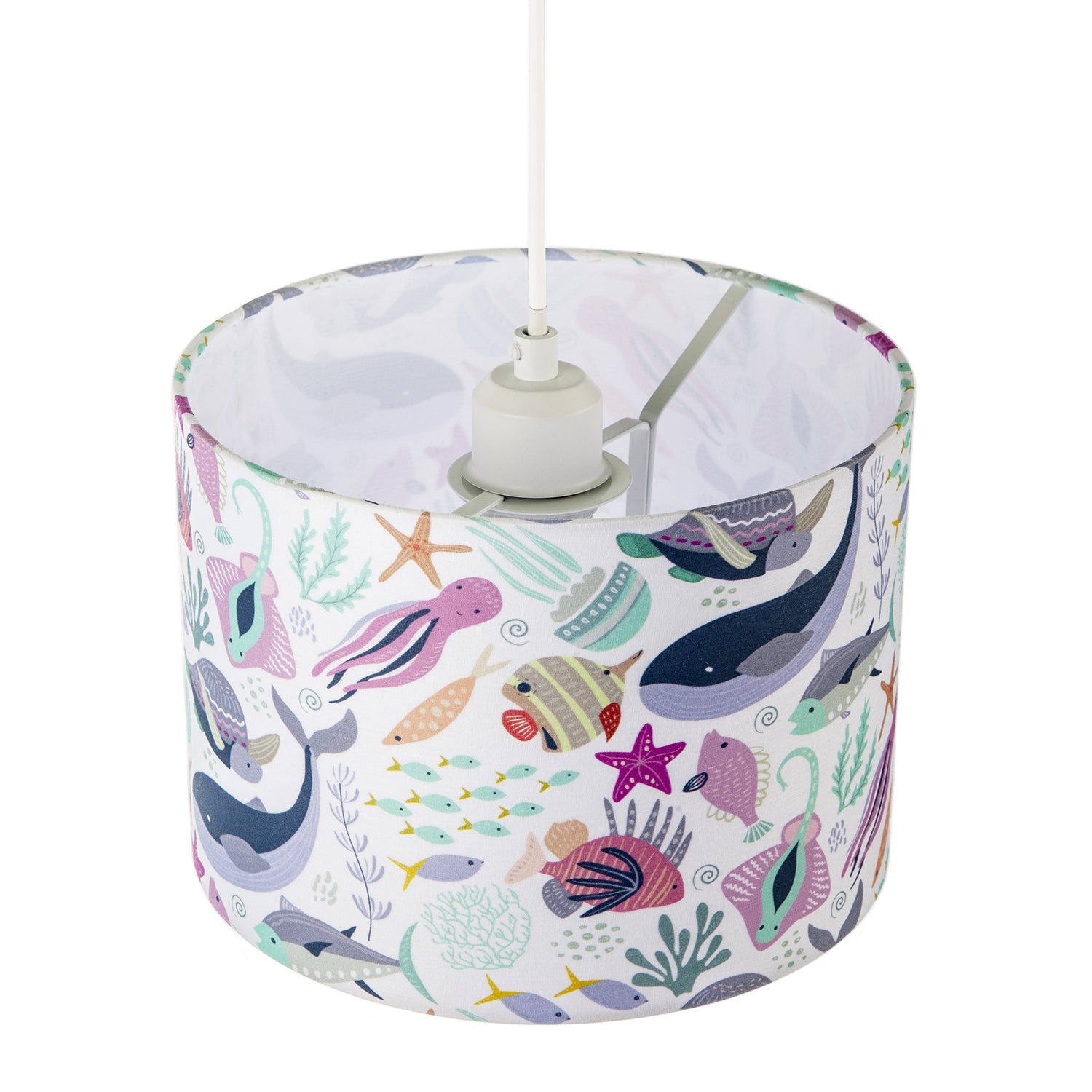 Underwater Designed Fabric Lampshade with Whales Turtles Tropical Fish Image 5