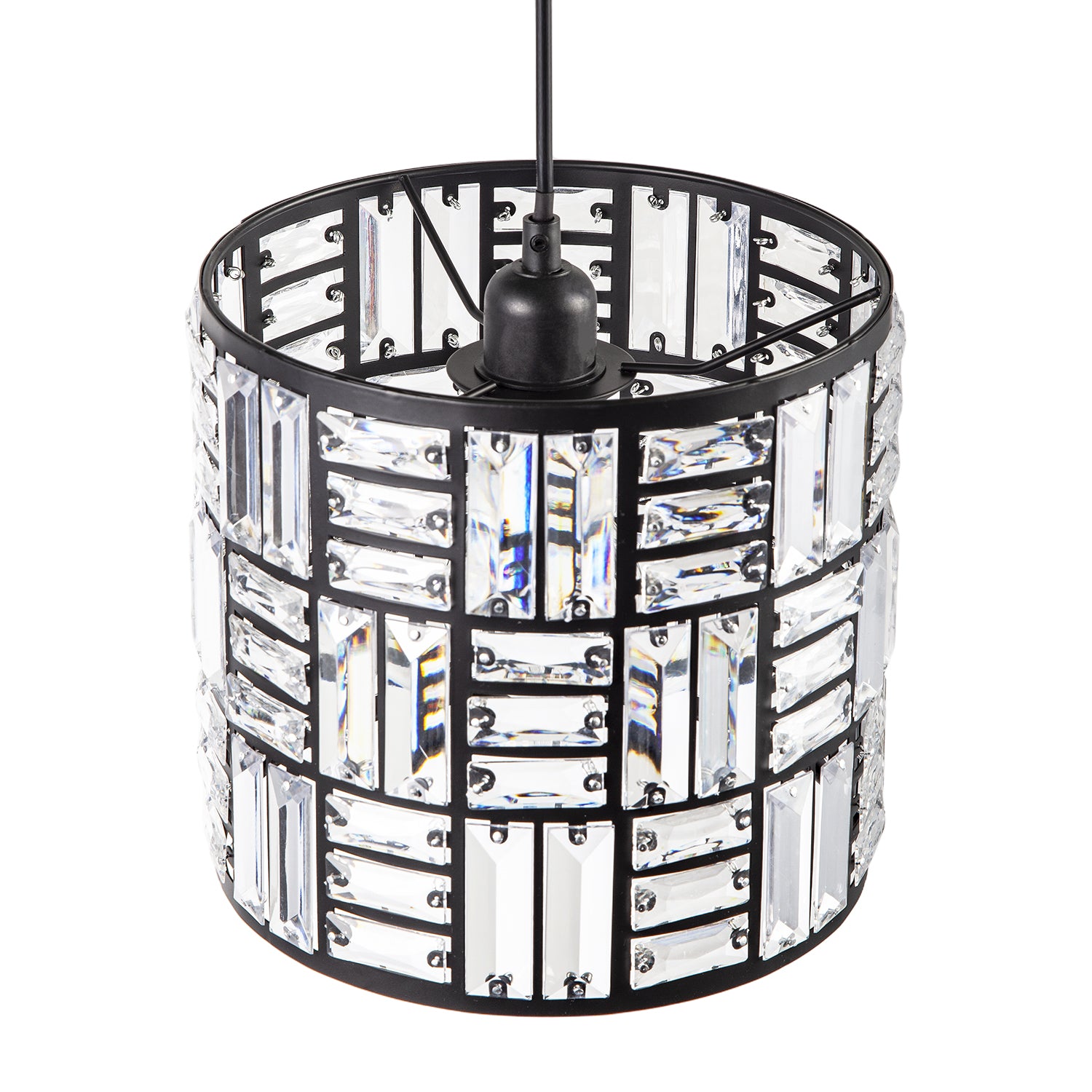Modern Circular Drum Matte Black Pendant Shade with Clear Acrylic Rods Image 3