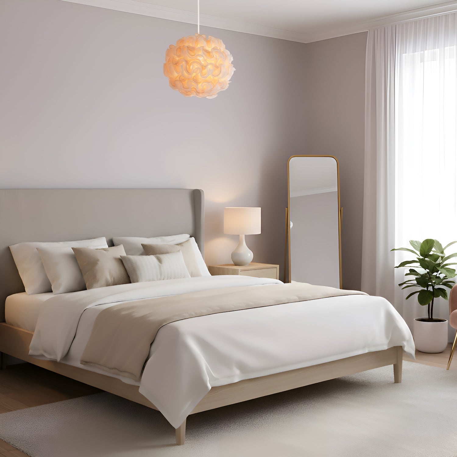 Modern White and Taupe Ribbon Velvet Fabric Round Pendant Light Shade Image 6