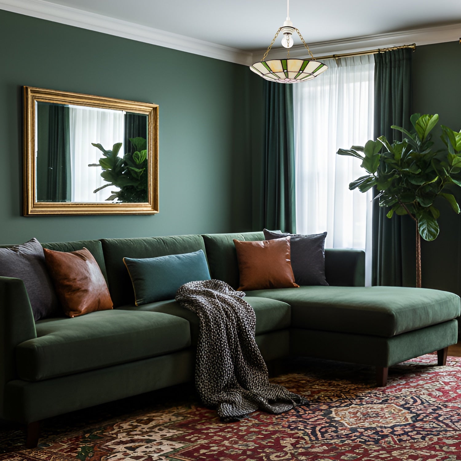 Forest Green and Pink Floral Tiffany Stained Glass Pendant Lamp Shade Image 6