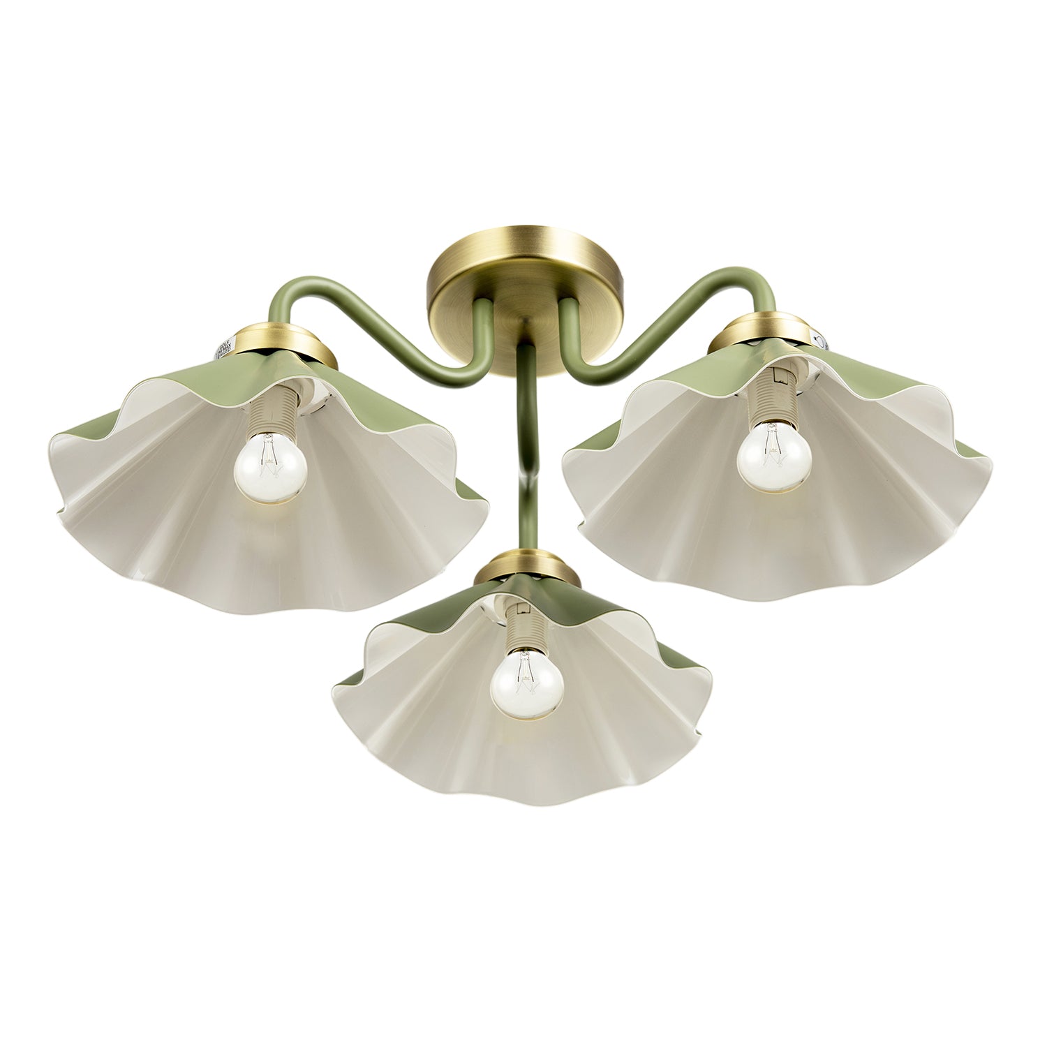 Designer Ceiling Light with Soft Olive Green Scalloped Metal Shades Image 3