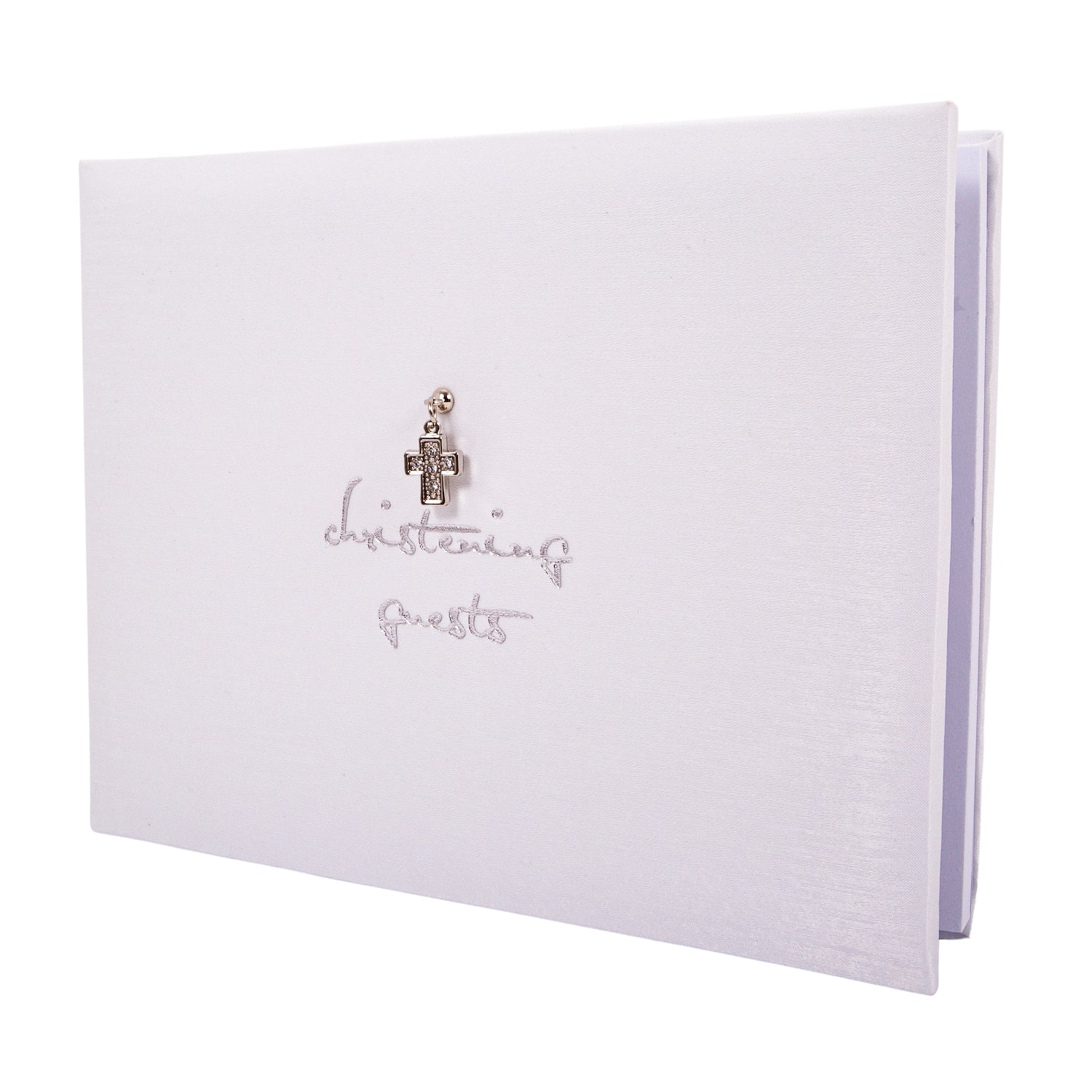 Beautiful White Satin Fabric Christening Guest Book with Silver Metal Cross Image 1