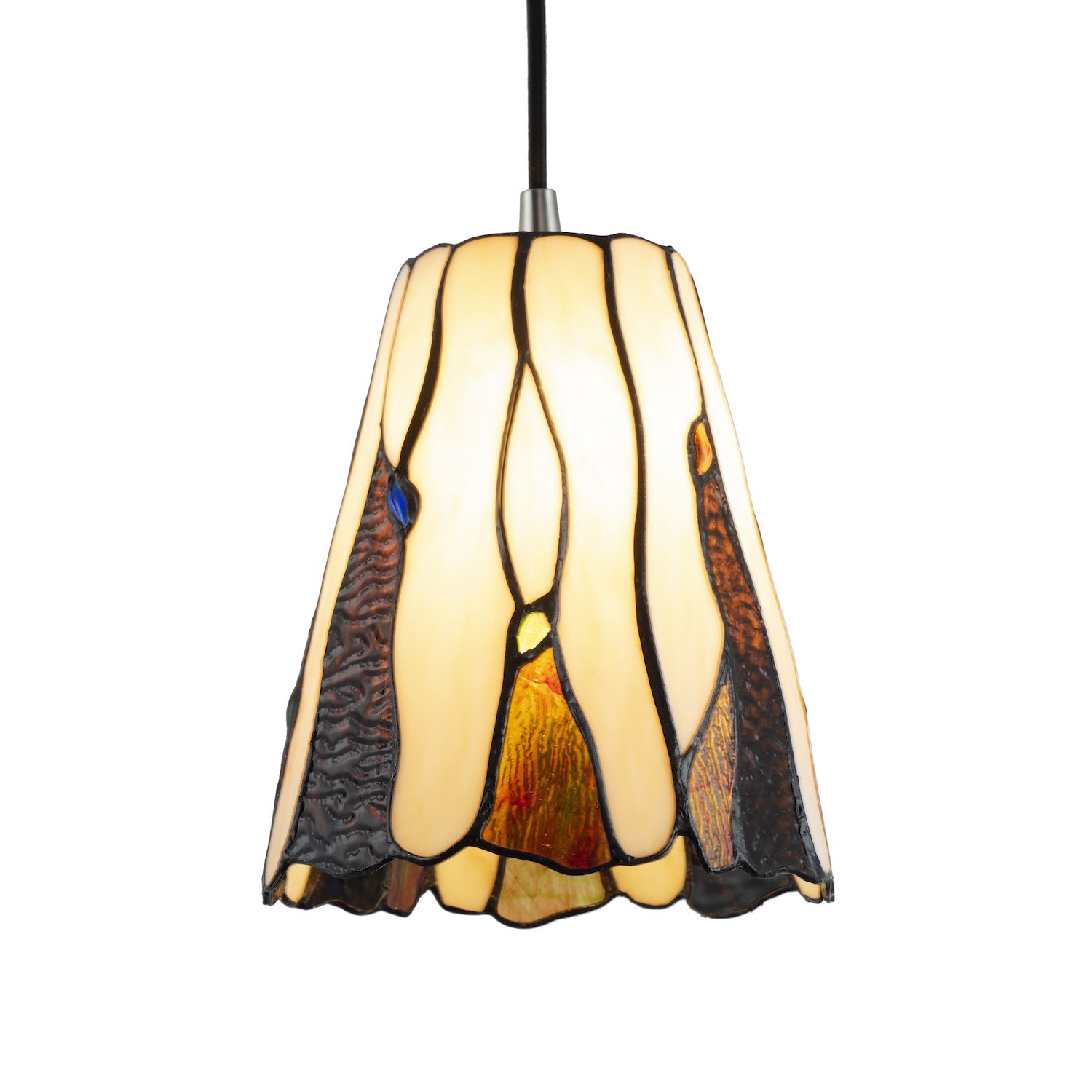 Traditional Amber Stained Glass Tiffany Pendant Light Shade with Coloured Gems Image 1