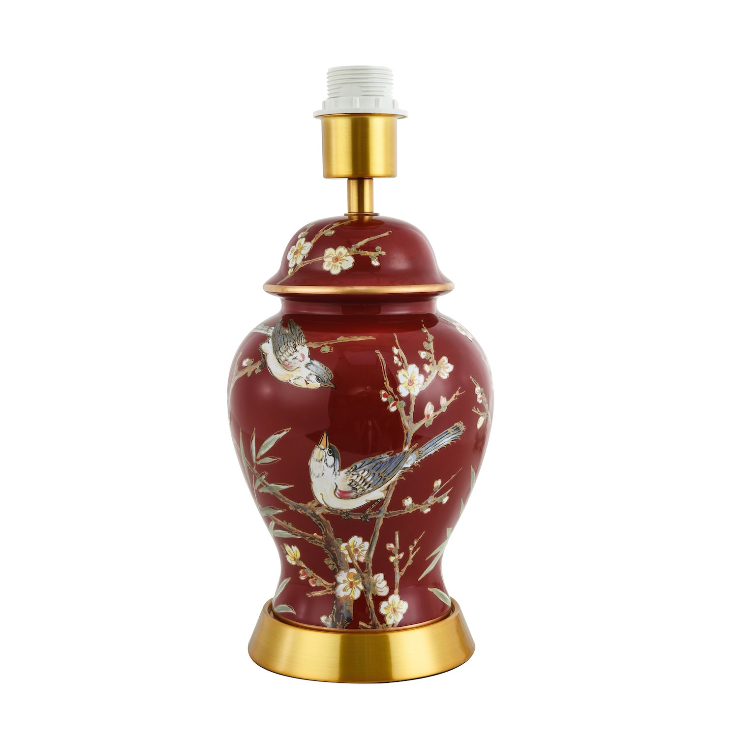 Classic Ceramic Lamp Base in Glossy Dark Burgundy with Birds and Floral Decor Image 1