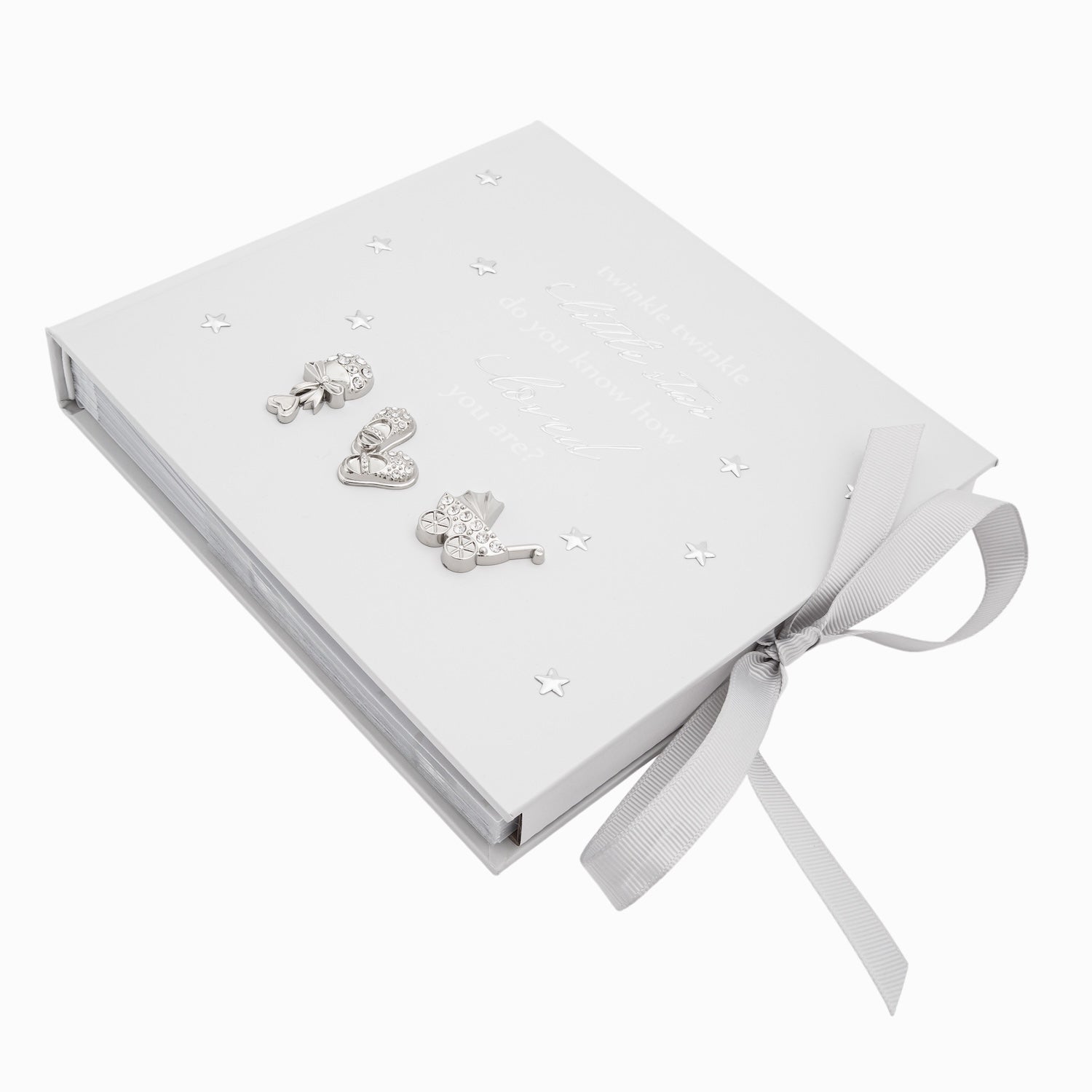 Baby Keepsake Photo Album with Silver Plated Rattle Pram and Booties Image 2