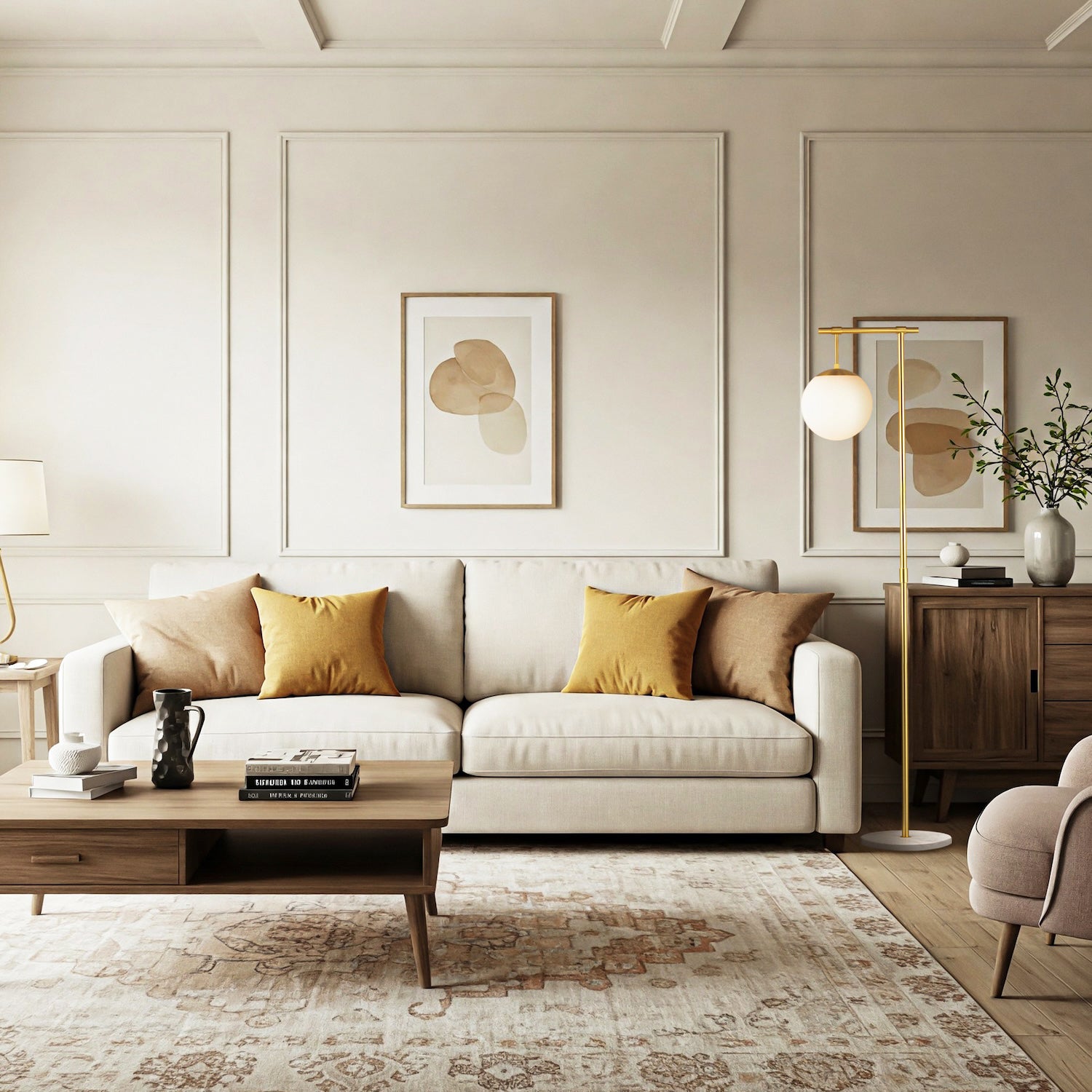Designer Satin Gold Floor Lamp with Opal White Globe Glass Shade and Marble Base Image 7