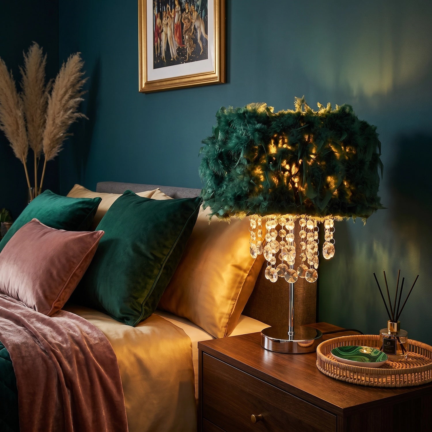 Chandelier Style Forest Green Feather Table Lamp with Waterfall Drops Image 6