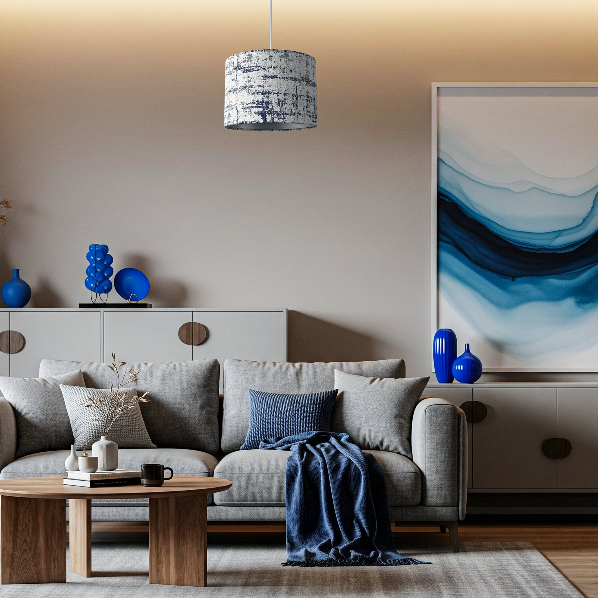 Unique Navy Blue and Silver Camouflage Jacquard Fabric Drum Lamp Shade Image 6