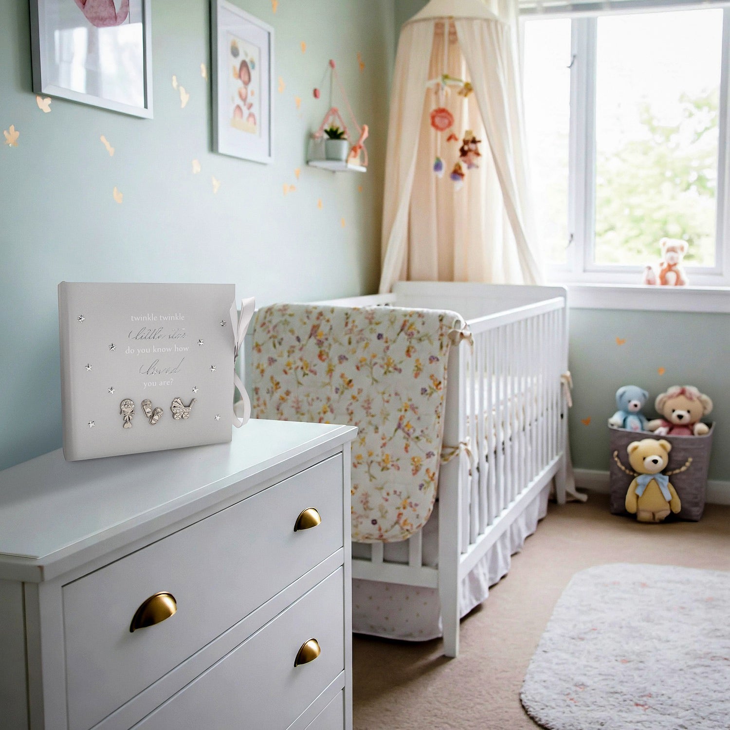 Baby Keepsake Photo Album with Silver Plated Rattle Pram and Booties Image 7