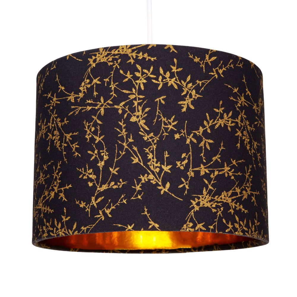 Modern Jet Black Cotton Fabric 10" Lamp Shade with Gold Foil Floral Decoration Image 2