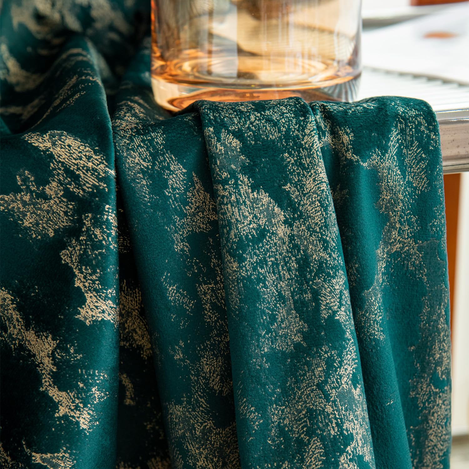 Green Gold Foil Blackout Eyelet Curtains - 46 x 63 Inch Drop - 2 Panel Image 3