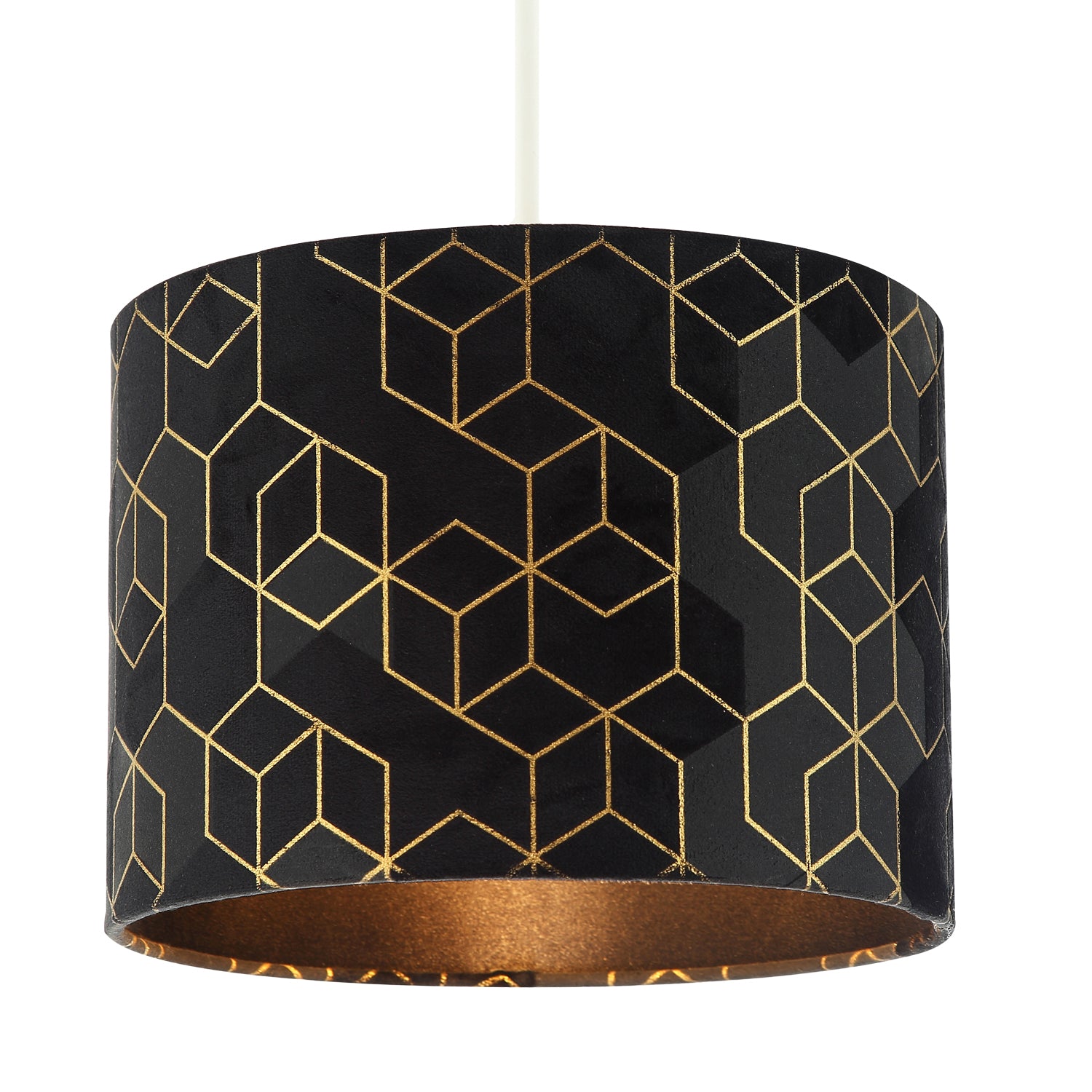 Black Soft Velvet Lamp Shade with Metallic Gold Foil Lines in Geometric Design Image 2