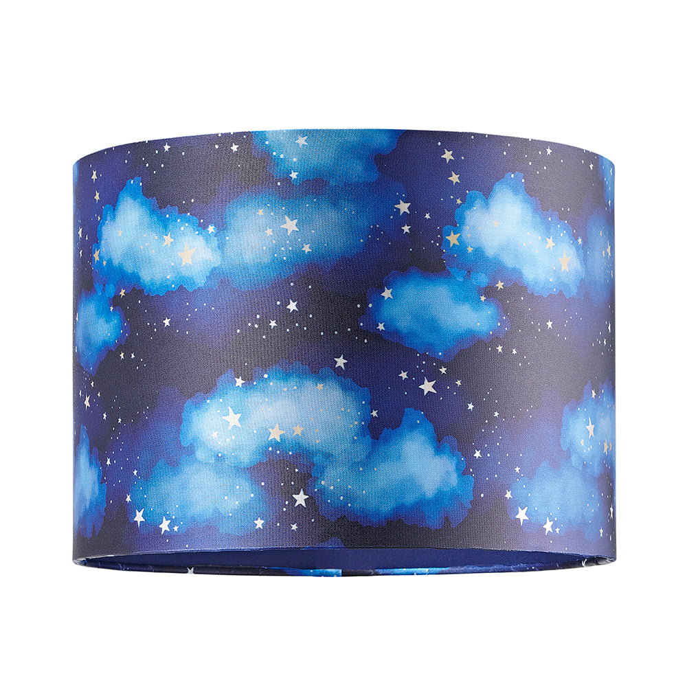 Modern Navy Blue Childrens Lamp Shade with Bright Gold Stars and White Clouds Image 1