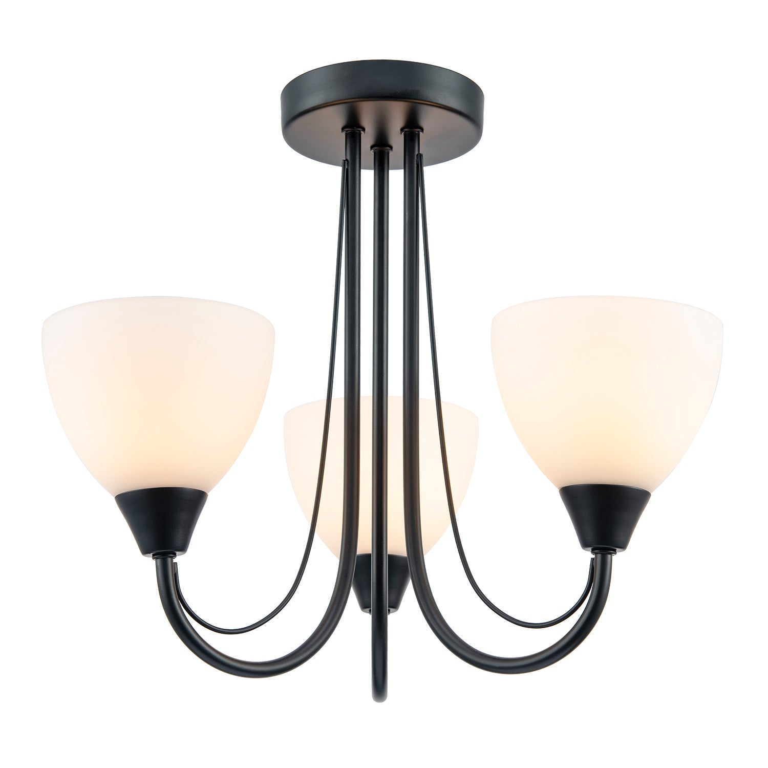 Designer Matte Black Three Arm Ceiling Light with Opal White Glass Shades Image 1