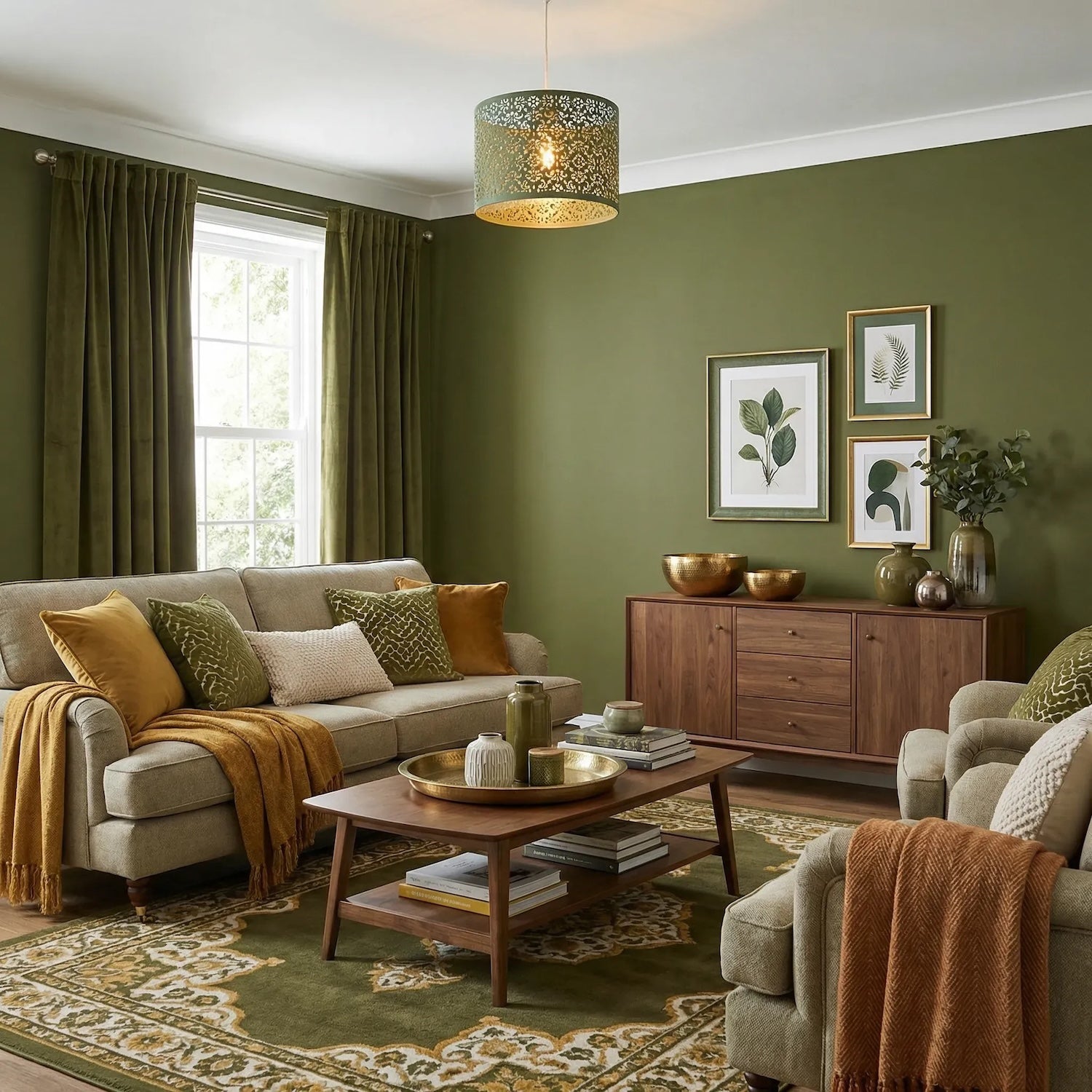 Olive Green Moroccan Metal Pendant Light Shade with Floral Decoration Image 6