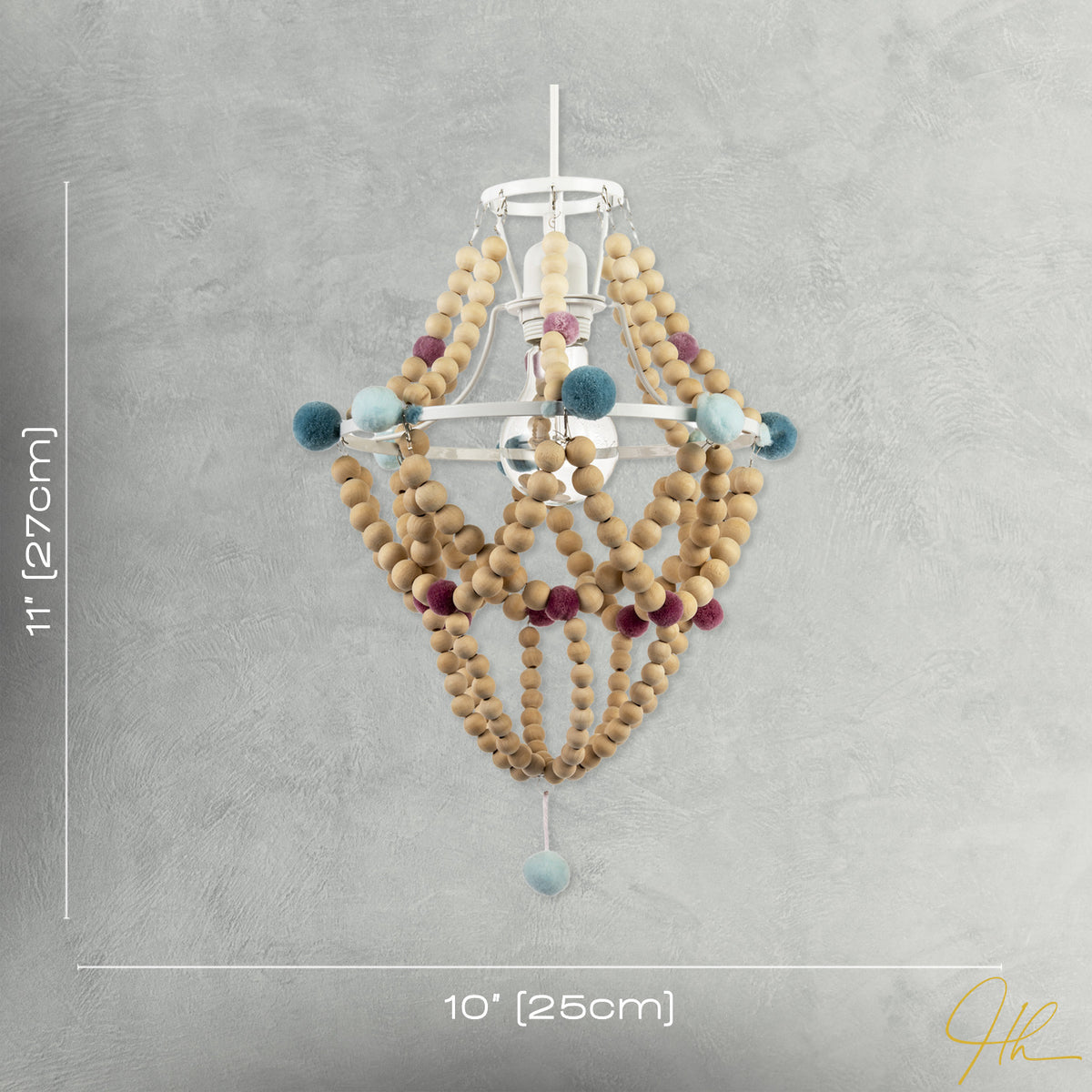 Wooden Beaded Chandelier Style Pendant Shade with Coloured Pom Poms Image 7