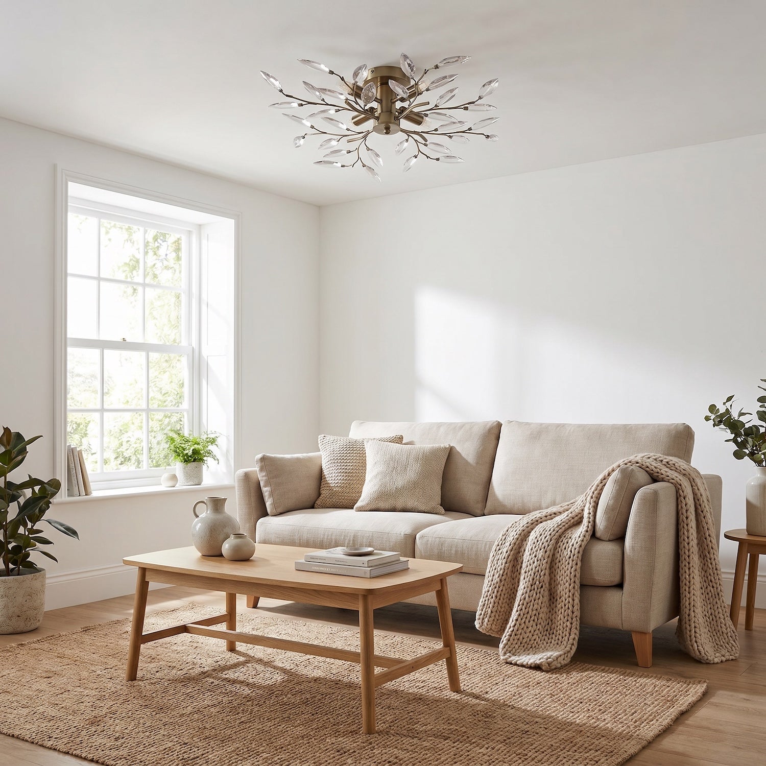 Modern Birch 4 Light Semi Flush Antique Brass Ceiling Light with Clear Leaves Image 6