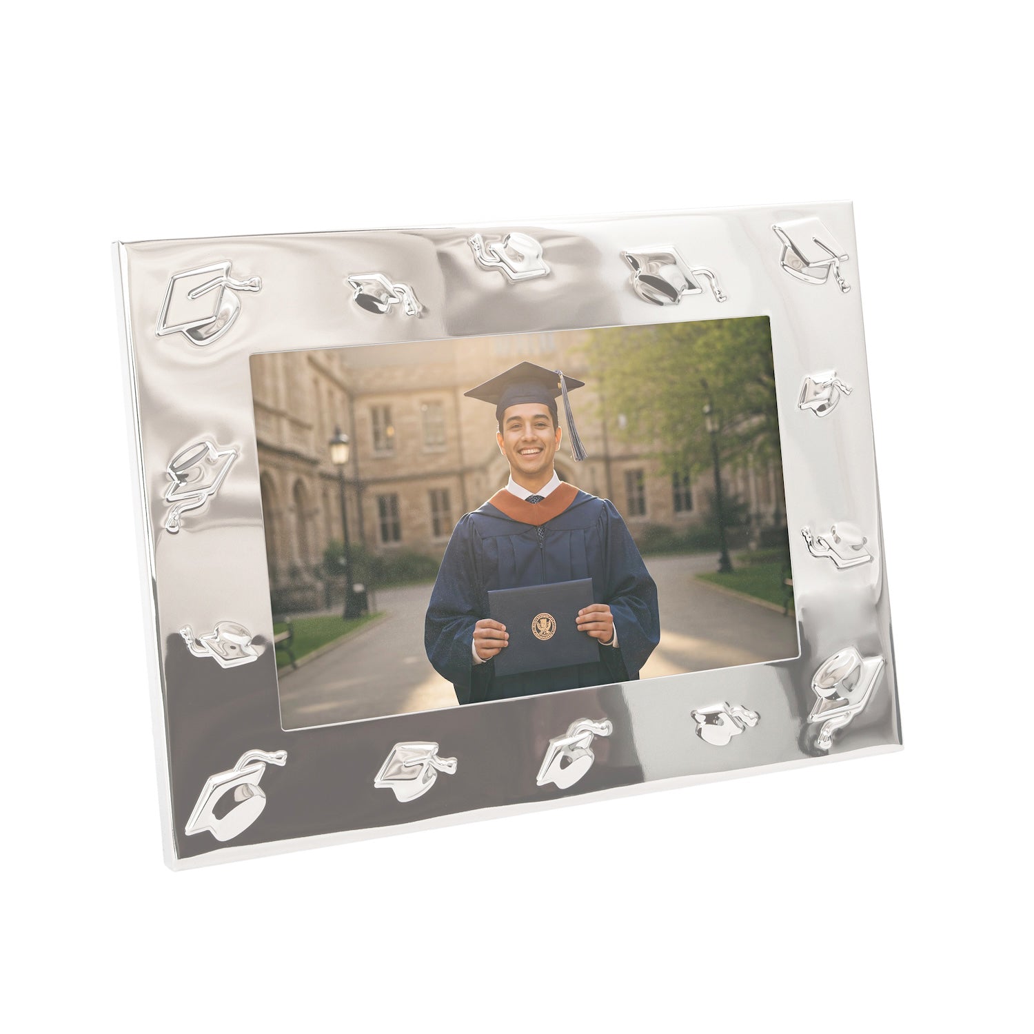 Graduation Metal 4x6 Picture Frame in Nickel Plated with 3D Hat Icons Image 2
