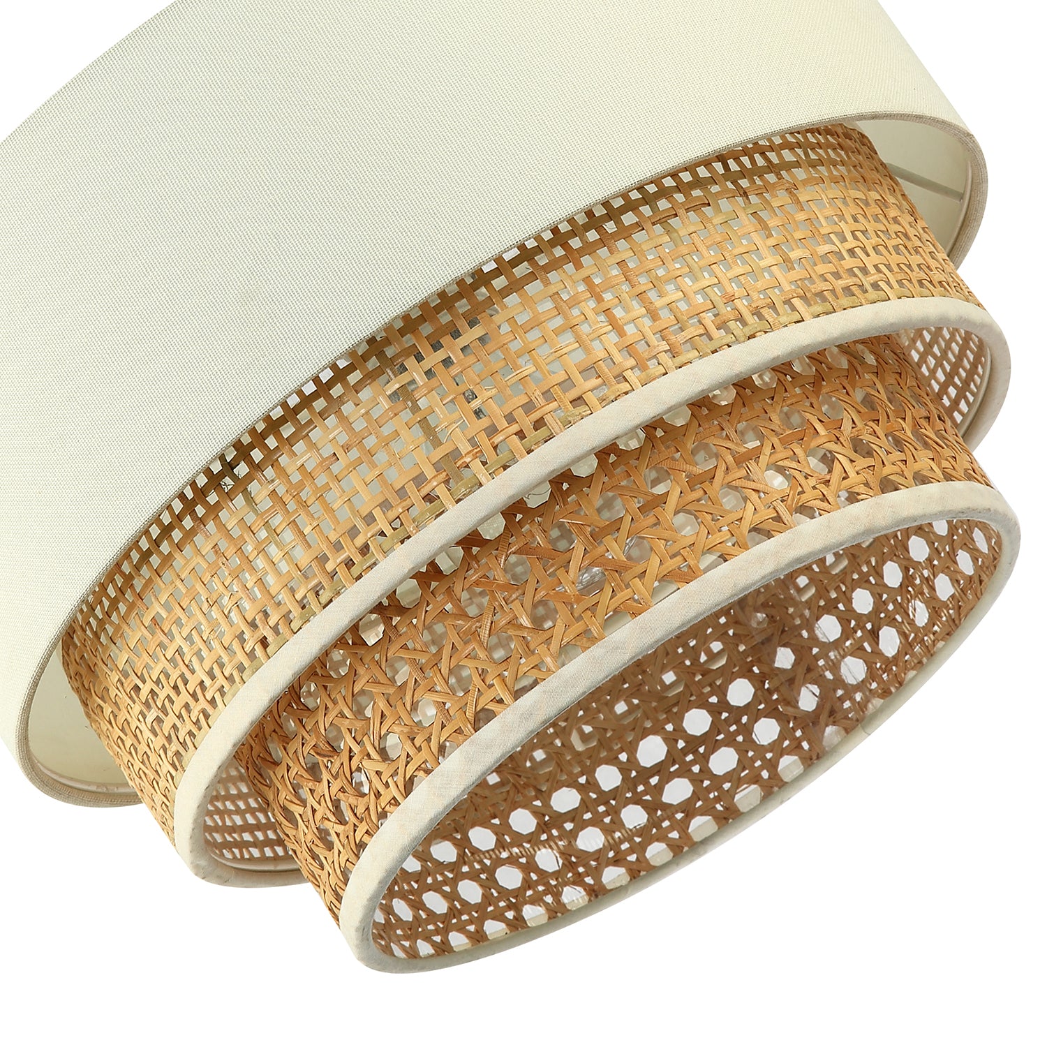 Contemporary Triple Tier Cream Linen and Natural Rattan Pendant Shade Image 4