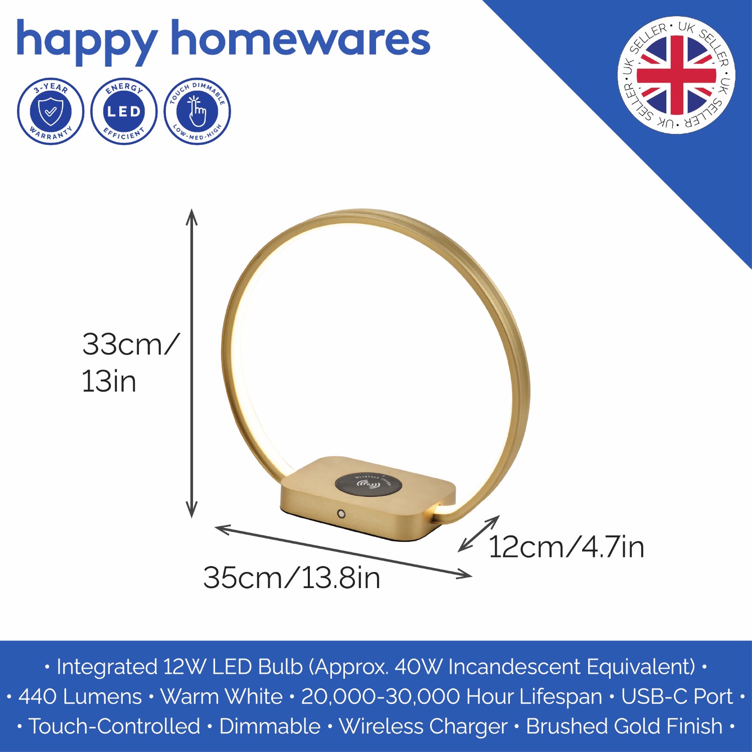 Brushed Gold Touch Dimmer LED Table Lamp with Qi Wireless Charger and USB-C Port Image 6