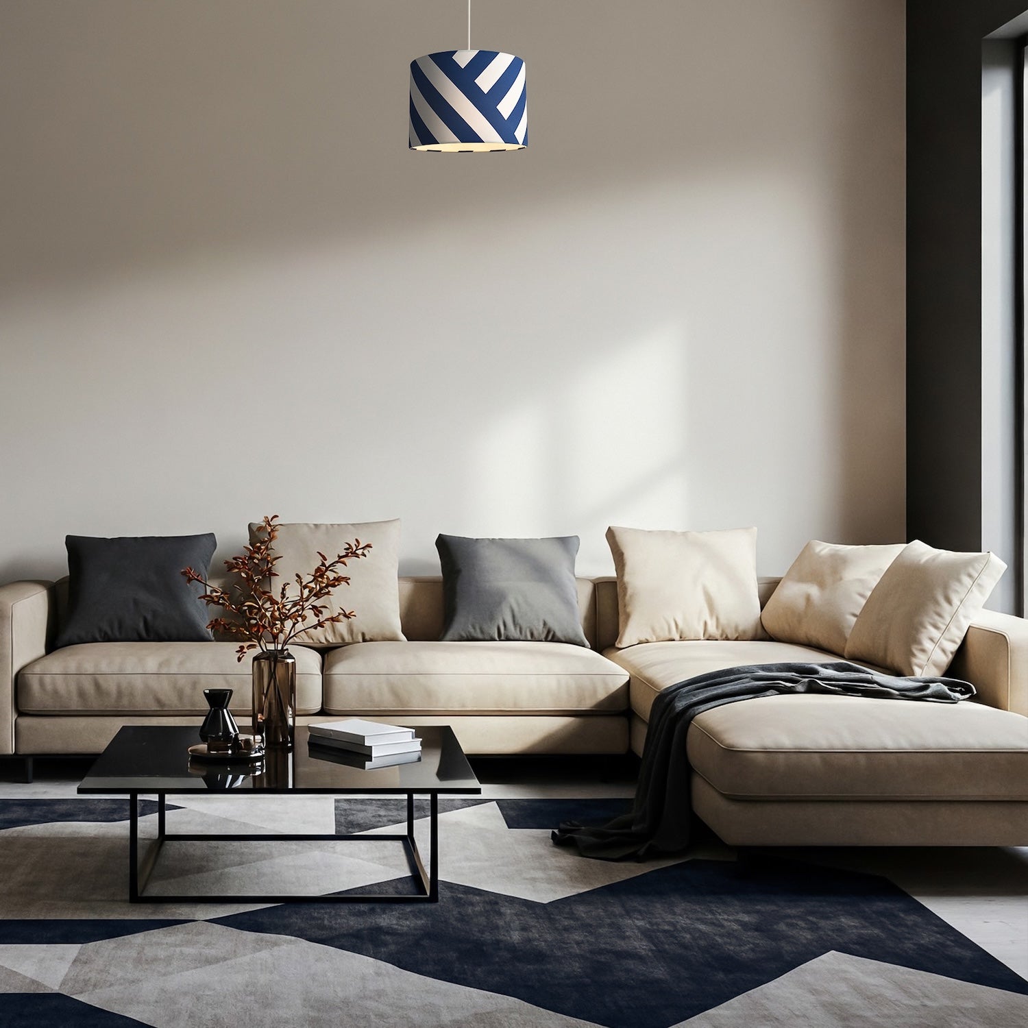 Midnight Blue and White Coastal Feel Lamp Shade with Diagonal Lines Image 7