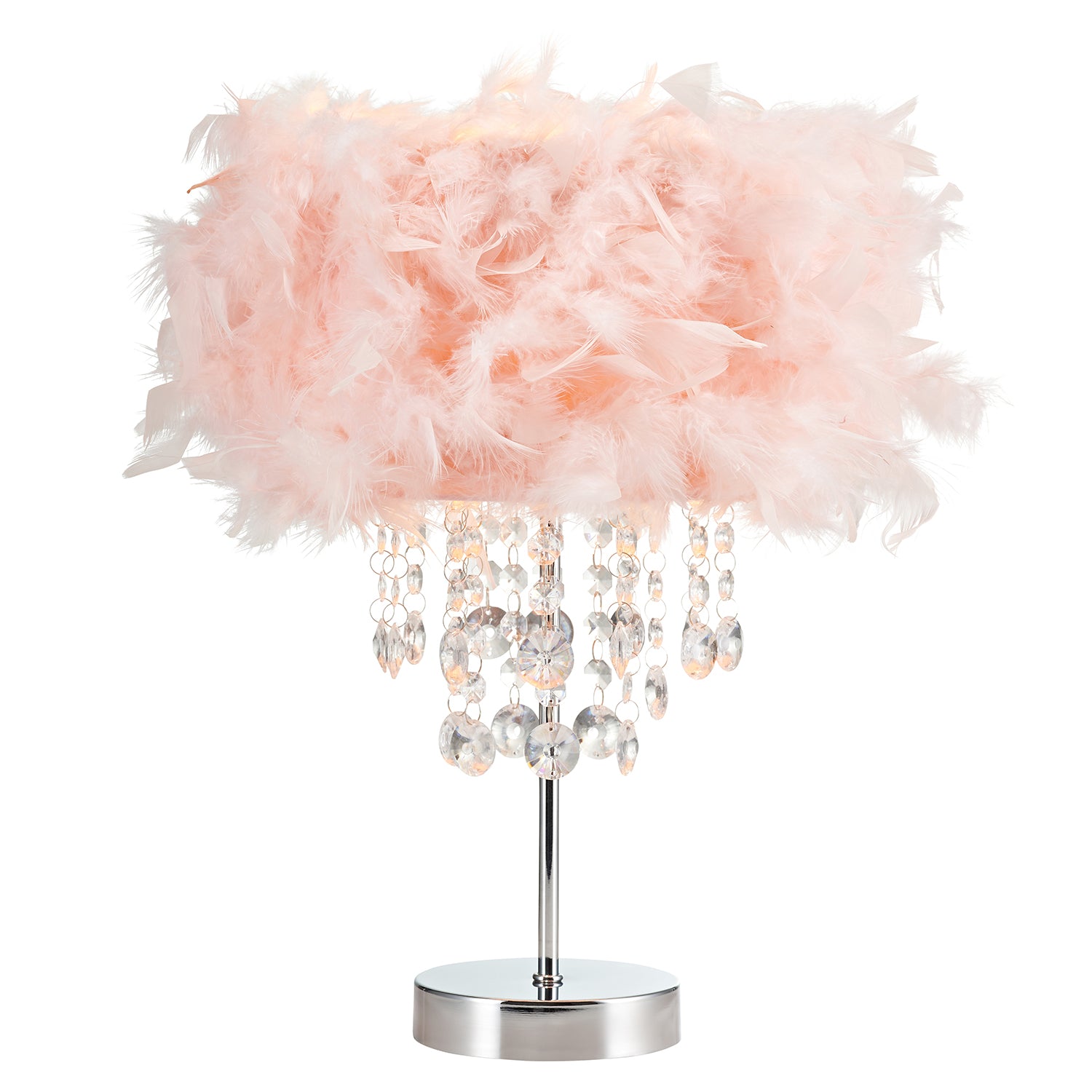 Modern Chandelier Style Pink Feather Table Lamp with Waterfall Acrylic Droplets Image 1