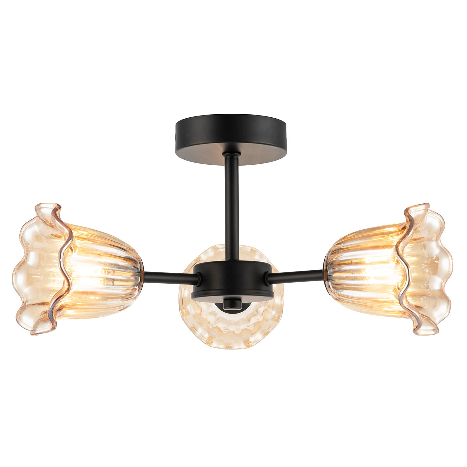 Designer Matte Black Ceiling Light with Amber Floral Glass Shades Image 4