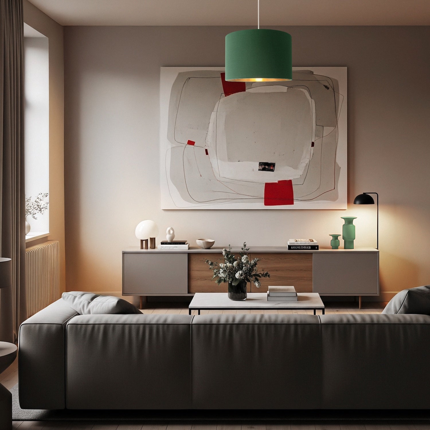 Modern Forest Green Cotton Lamp Shade with Brushed Gold Inner Lining Image 6