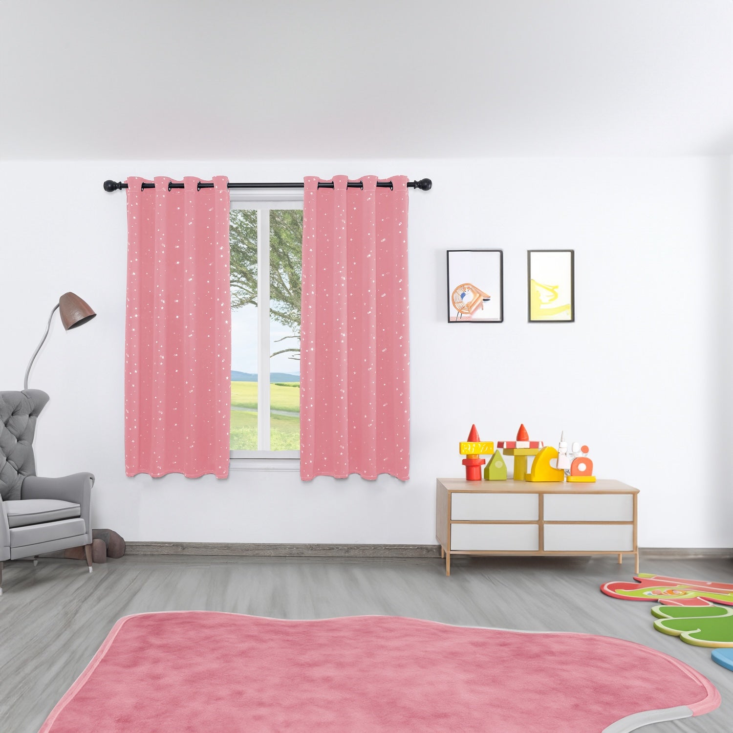 Pink Stars Pattern Eyelet Thermal Blackout Curtain - 52 x 63 Inch Drop - 2 Panel Image 6