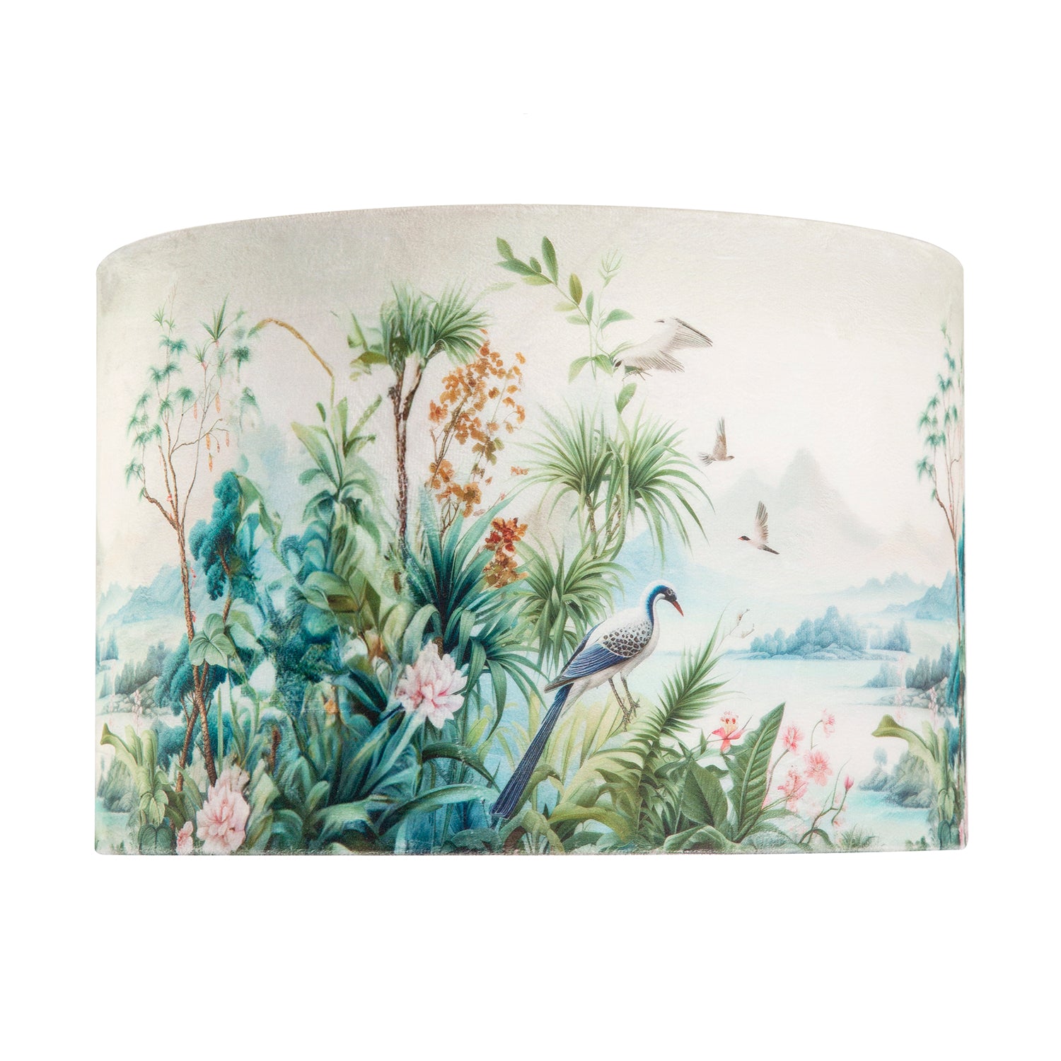Jungle and Mountain Velvet Fabric Shade with Pink Flowers and Birds Image 3