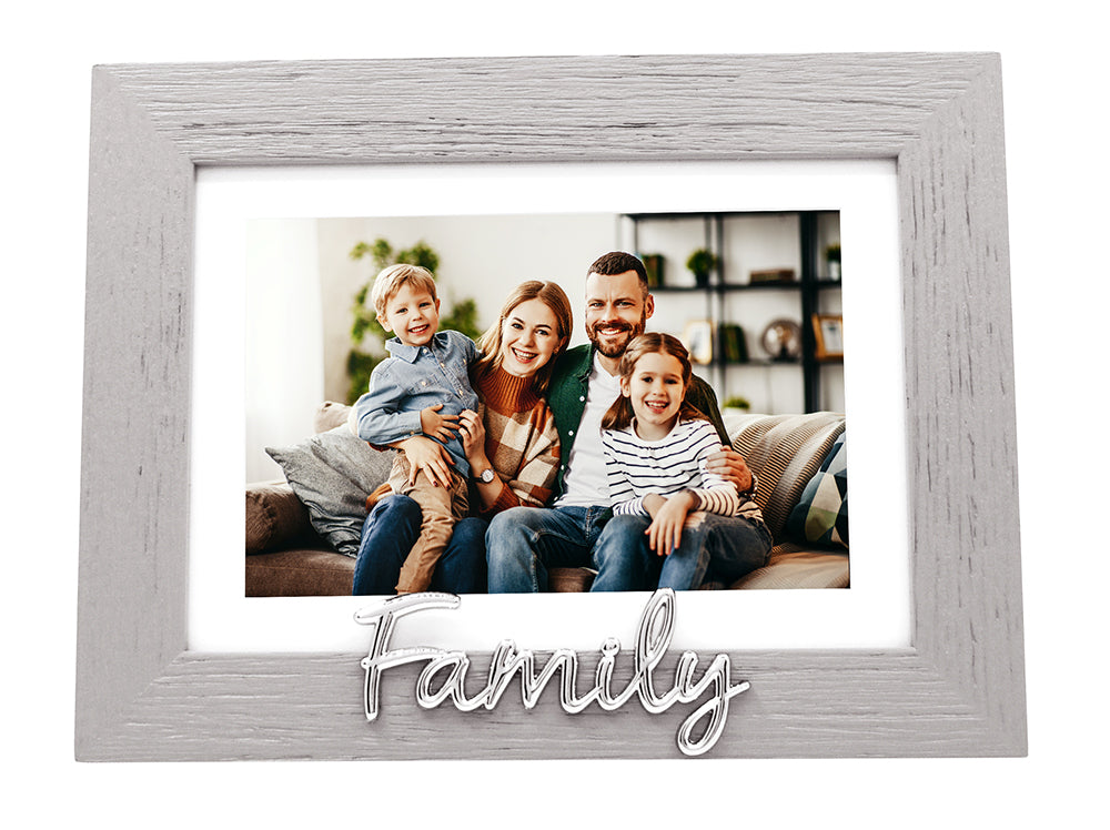 Grey Woodgrain Effect Family Picture Frame with Silver Letters - 6x4" or 7x5" Image 1