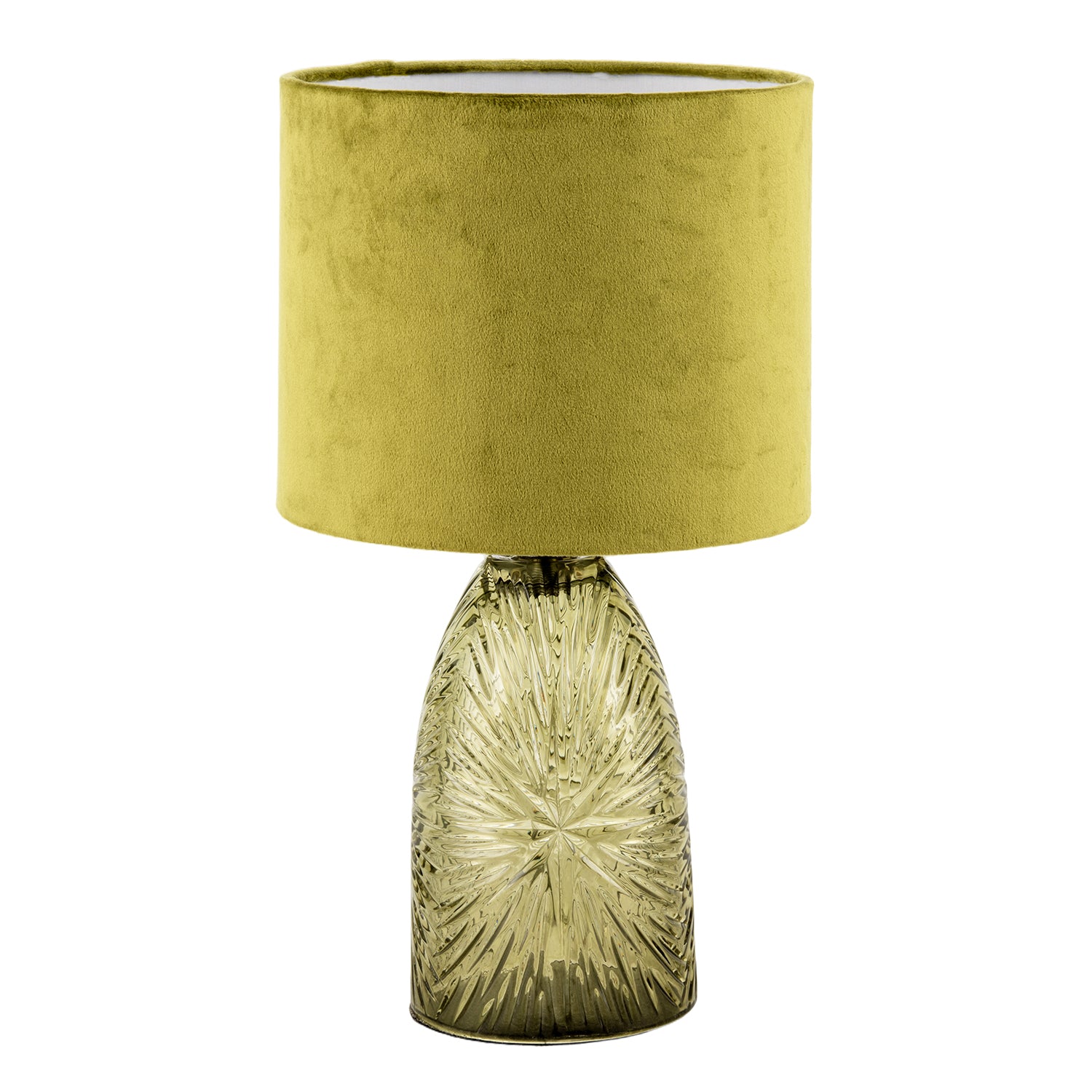 Modern Table Lamp with Faceted Glass Base and Olive Green Velvet Shade Image 5