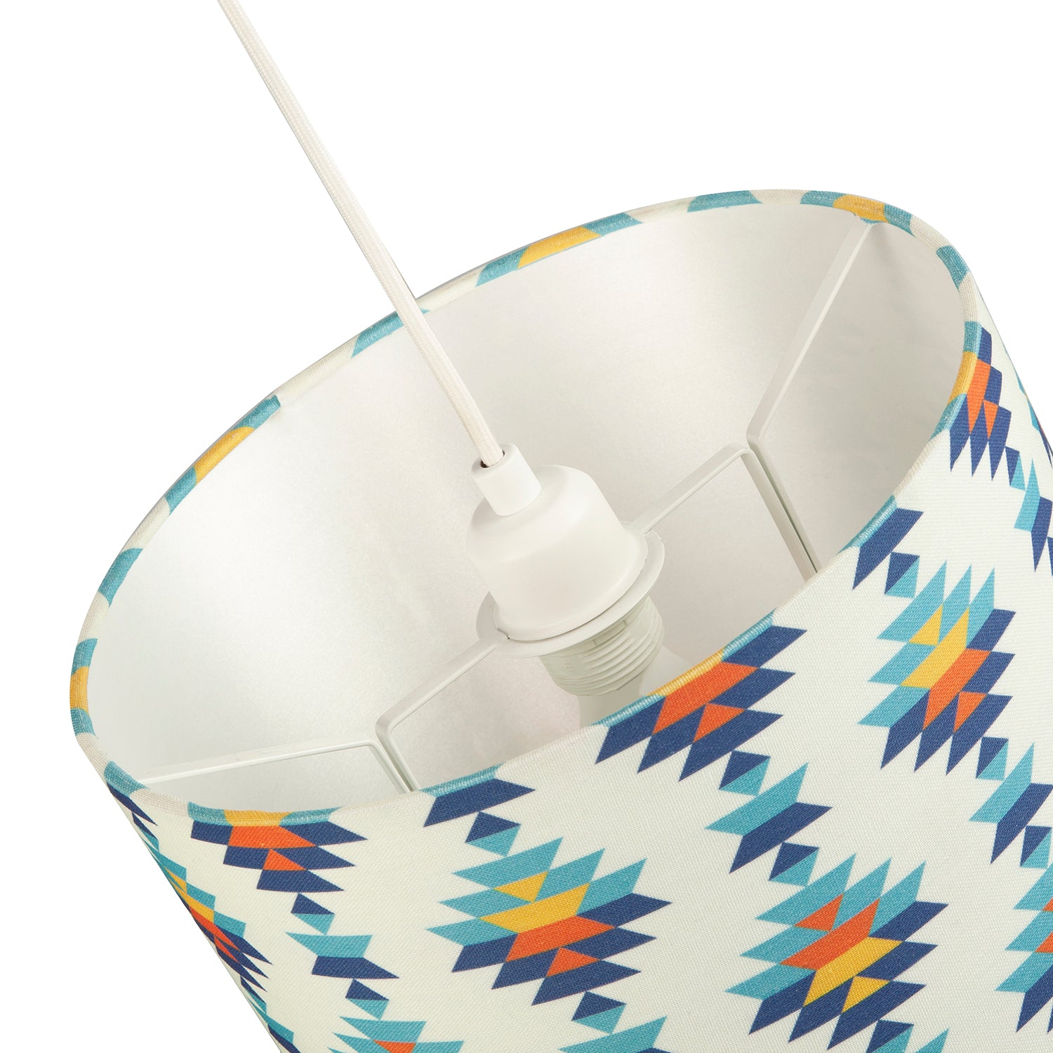 Colourful Boho Geometric 12 Inch Drum Lamp Shade in White with Blues and Oranges Image 5