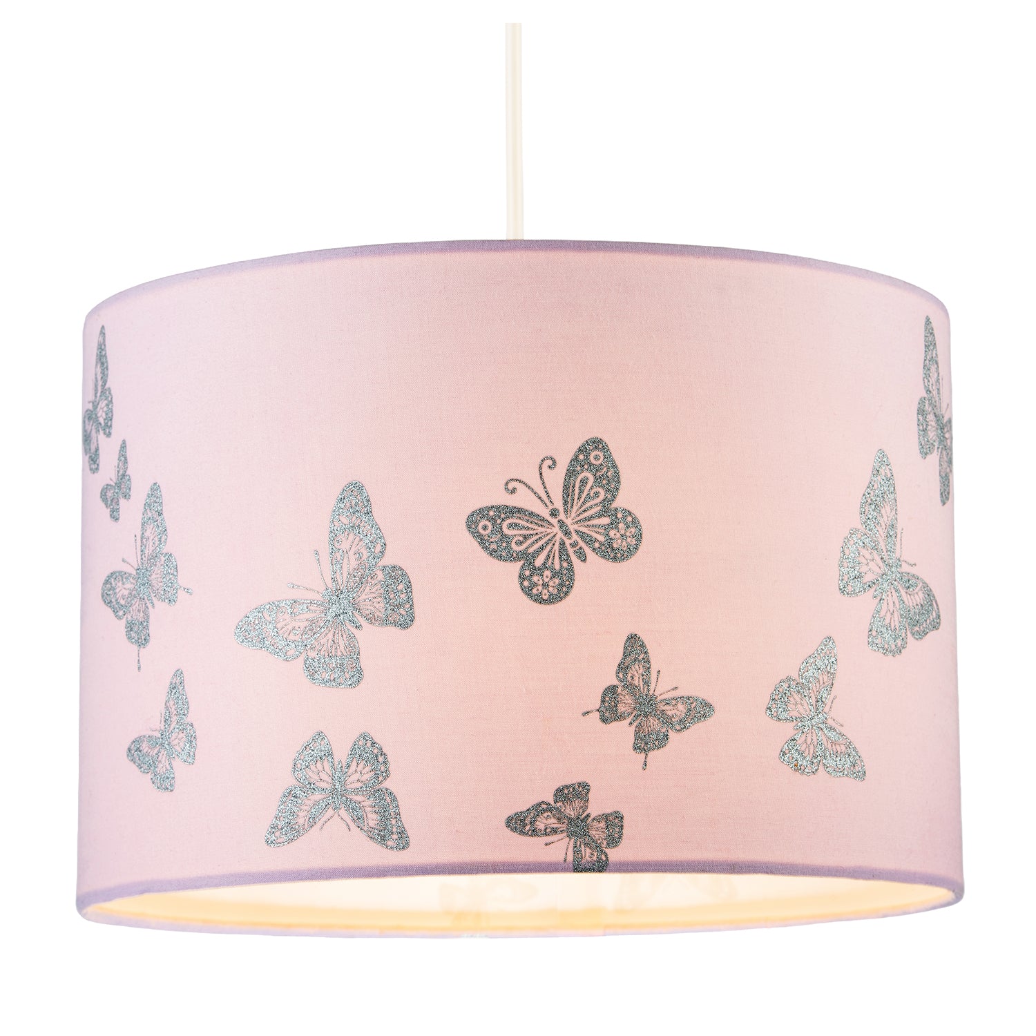 Modern Feminine Soft Pink Lamp Shade with Silver Glitter Butterflies Image 2