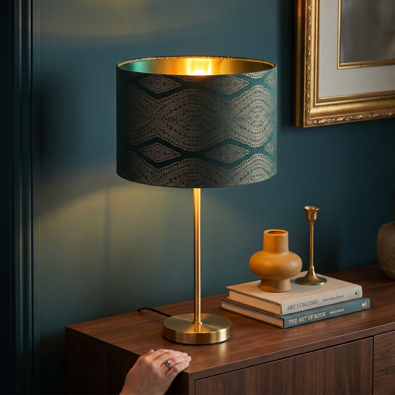 Sophisticated Forest Green Lamp Shade with Intricate Geometric Pattern Image 6