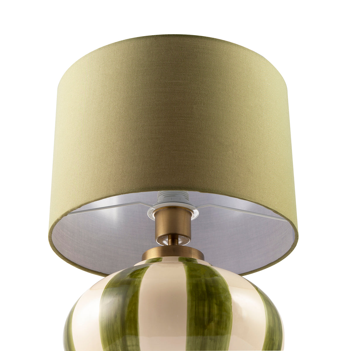 Hand Brushed Olive Green Striped Ceramic Table Lamp with Fabric Shade Image 3